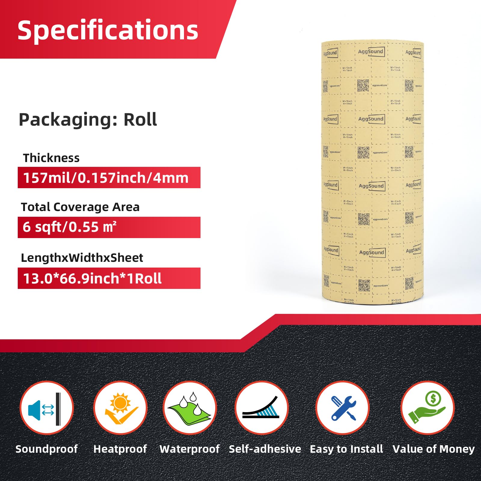 AggSound 157mil 6sqft Roll Pack Universal Sound Deadener for Cars Auto Sound Deadening Closed Cell Foam Noise Deadening Material