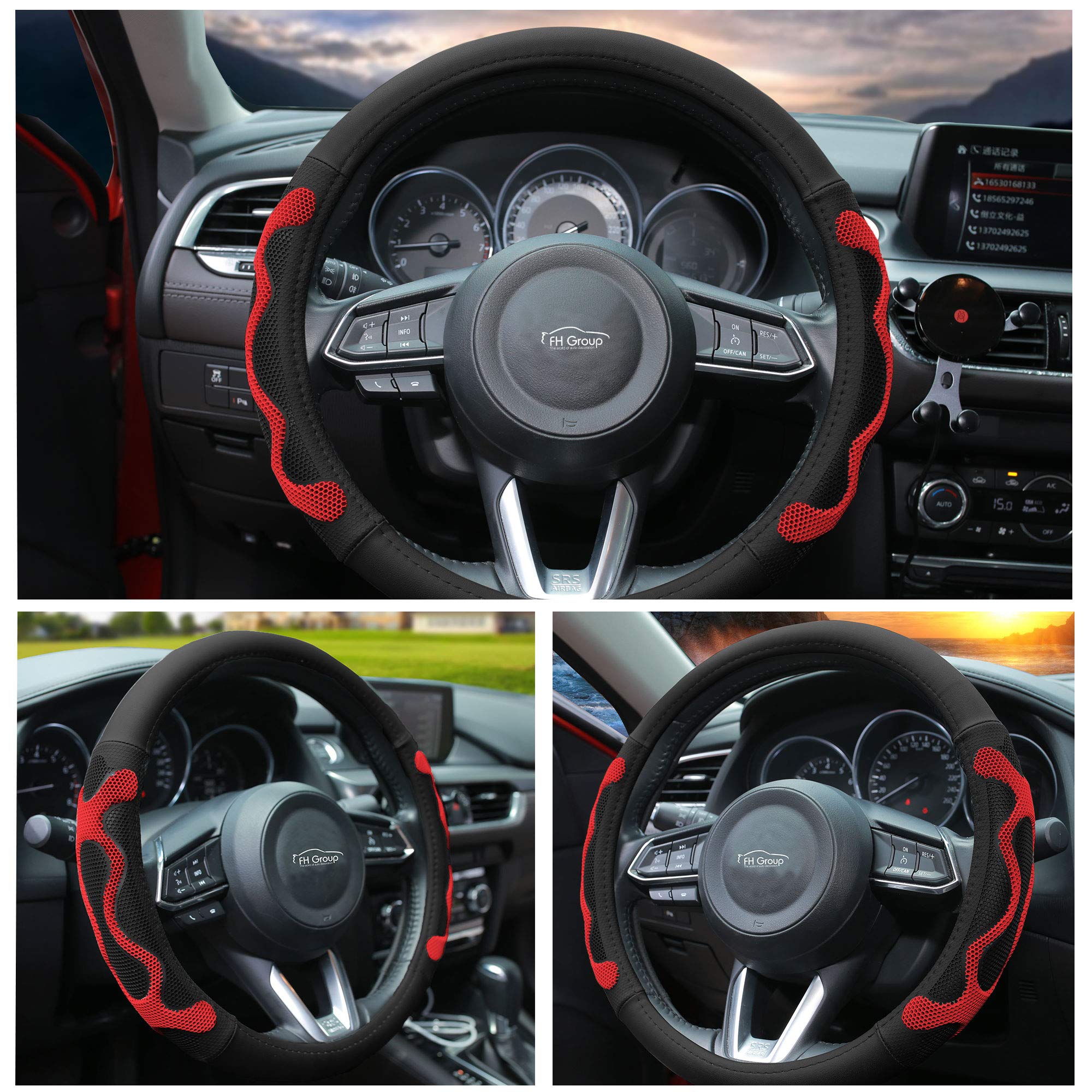 Fh Group Fh2010Red Universal Fit Leather With Silicone Anti-Slip Grip Red Steering Wheel Cover Fits Most Cars, Suvs, And Trucks