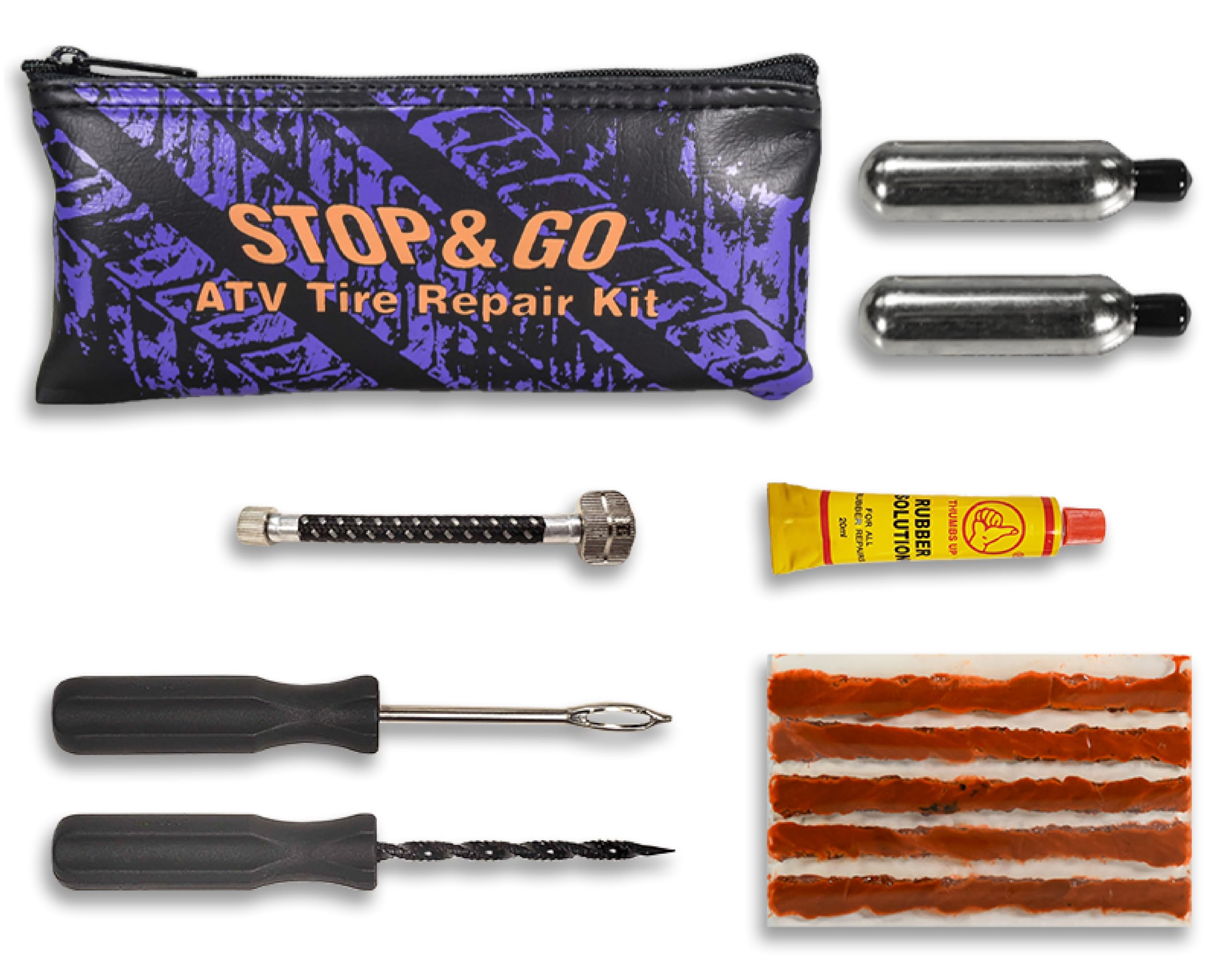 Stop & Go 8065 12 Piece Tubeless Tire Repair Kit With Rope Plugs And Co2 Inflation For Punctures And Flats On Atv, Golf Cart, Mo