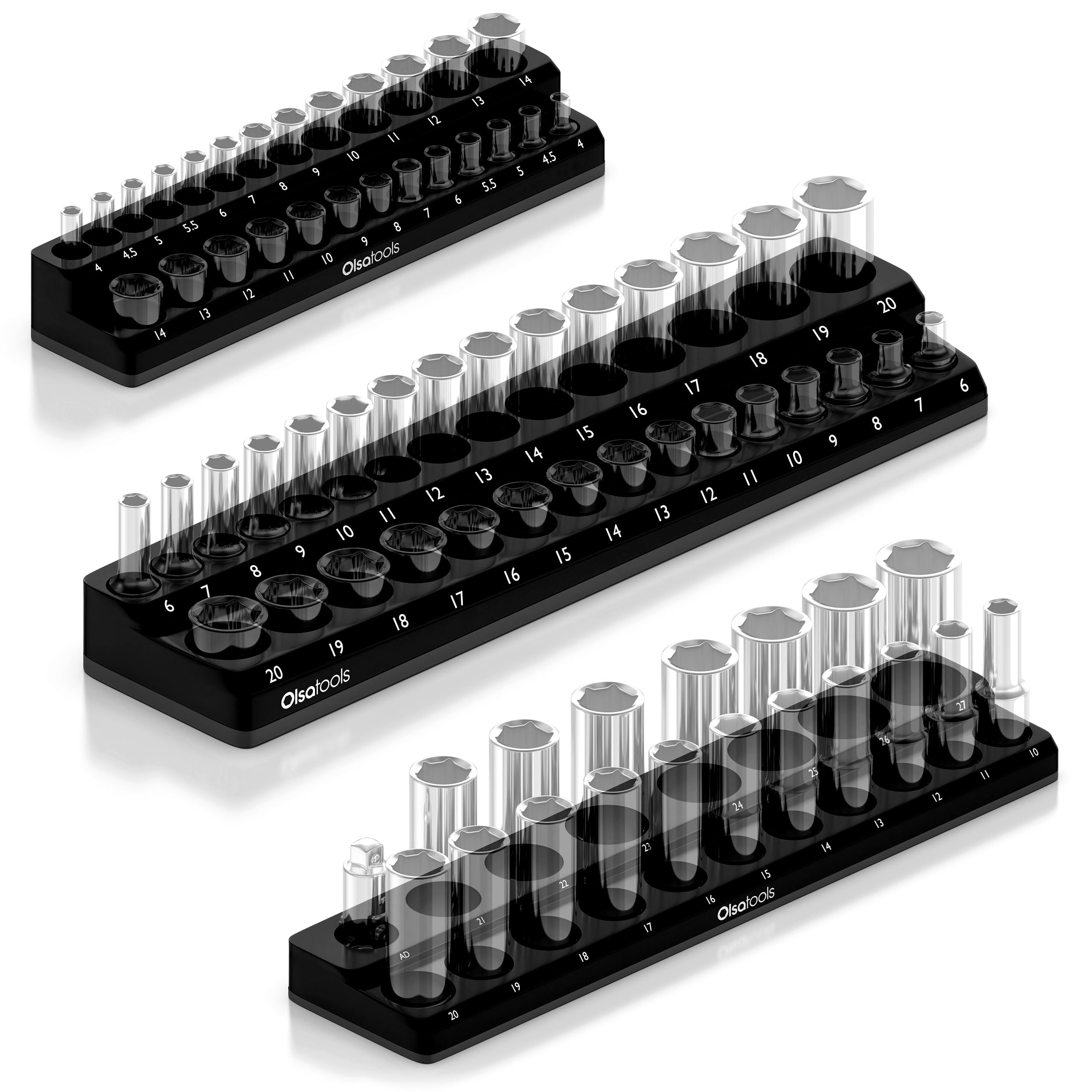 Olsa Tools Magnetic Socket Organizer | 3 Piece Socket Holder Kit | 1/2-Inch, 3/8-Inch, & 1/4-Inch Drive | Metric Black | Holds 7
