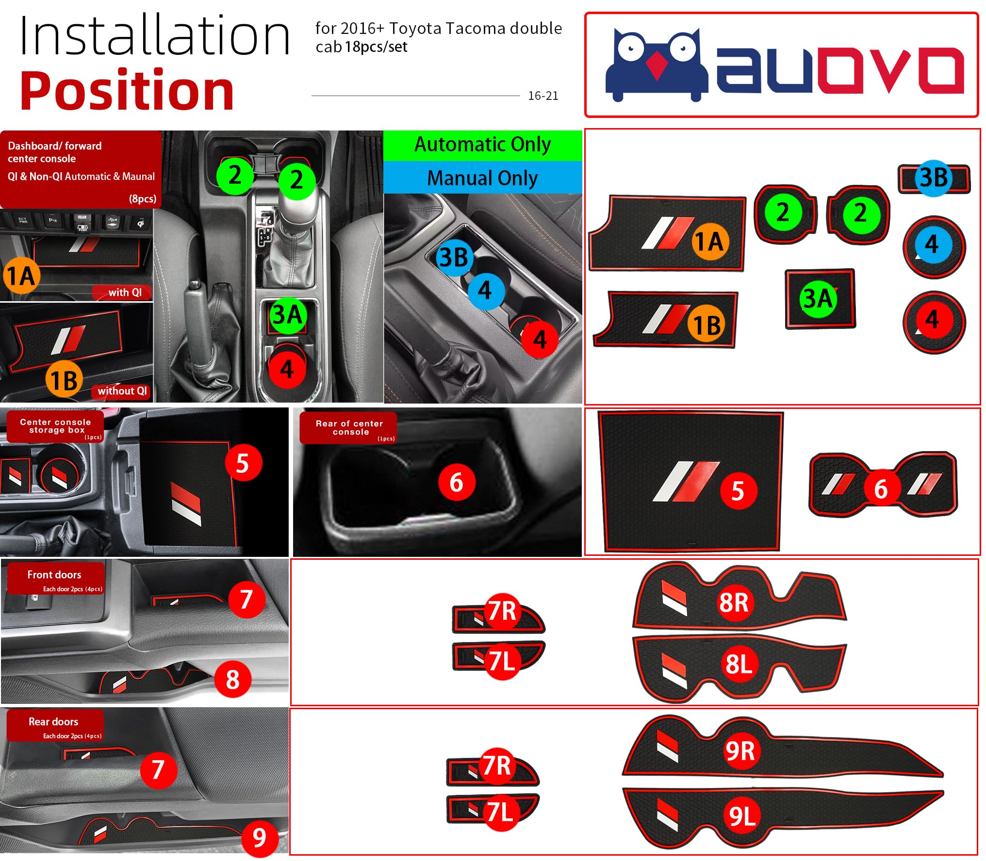 Auovo Anti-Dust Mats For Toyota Tacoma Accessories Trd Pro 2016-2023 Custom Interior Trim Car Cup Holder Inserts Center Console Door Pocket Liners (Double Cab, 18Pcs) (Red)
