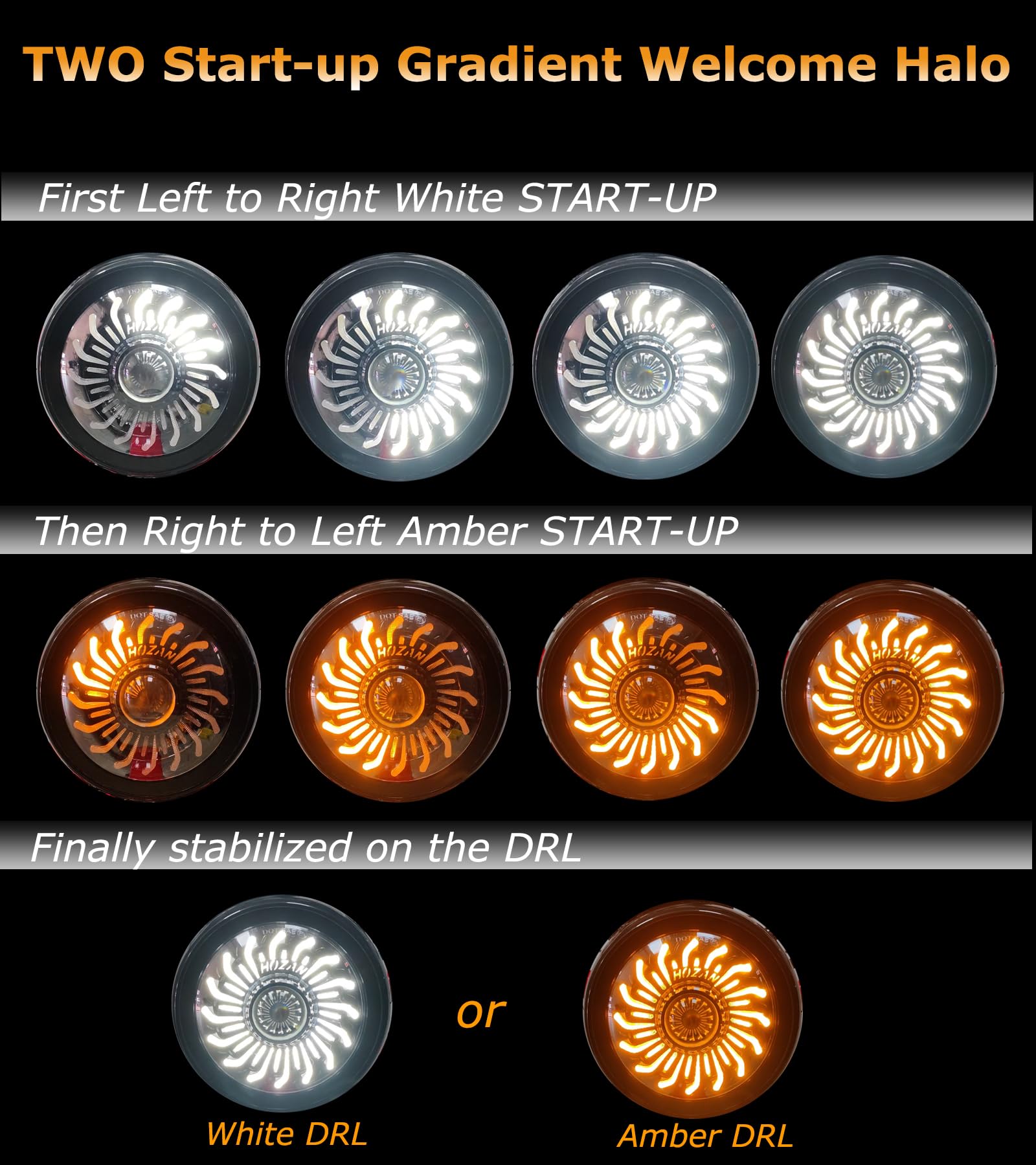 SINLIRU 5.75inch 5-3/4 Black LED Motorcycle Headlight Whirlwind White/Amber DRL Start-up Gradient Welcome Halo Head Light with M