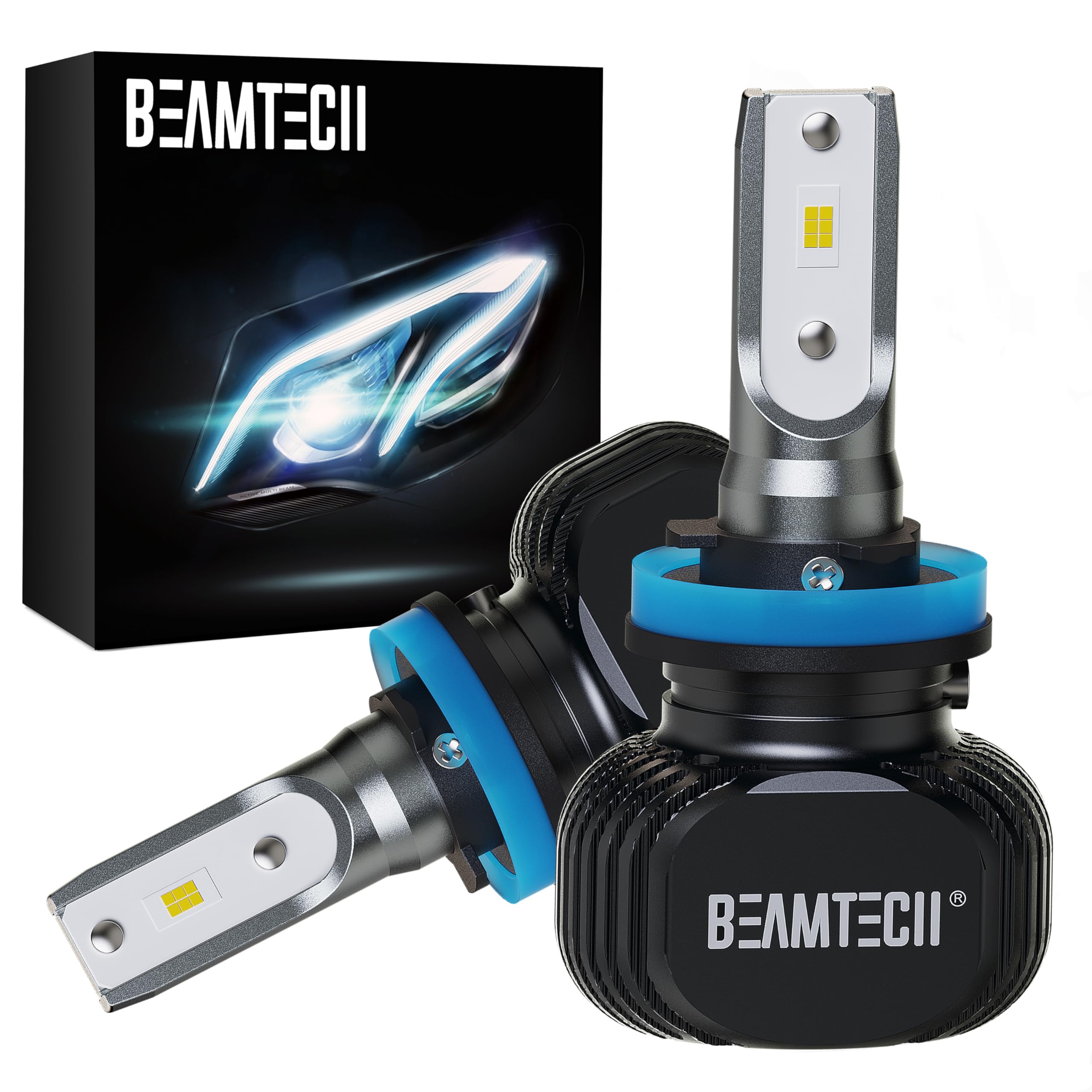 Beamtech H11 Bulbs, S1 Series H8 H9 Fanlsess 300% Brighter 6500K White Fog Light, 2 Bulbs