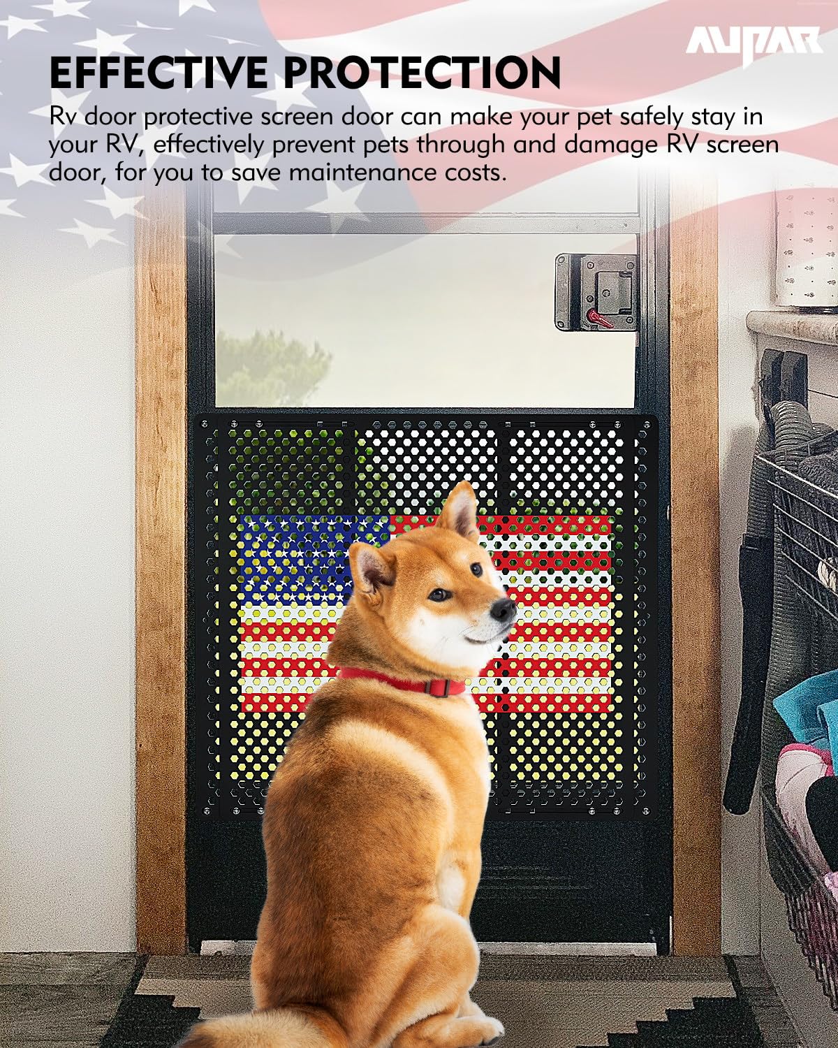 Aupar Aluminum Alloy RV Entry Screen Door Grille Adjusts from 22- 31.5, Adjustable RV Door Screen Protector, Flag