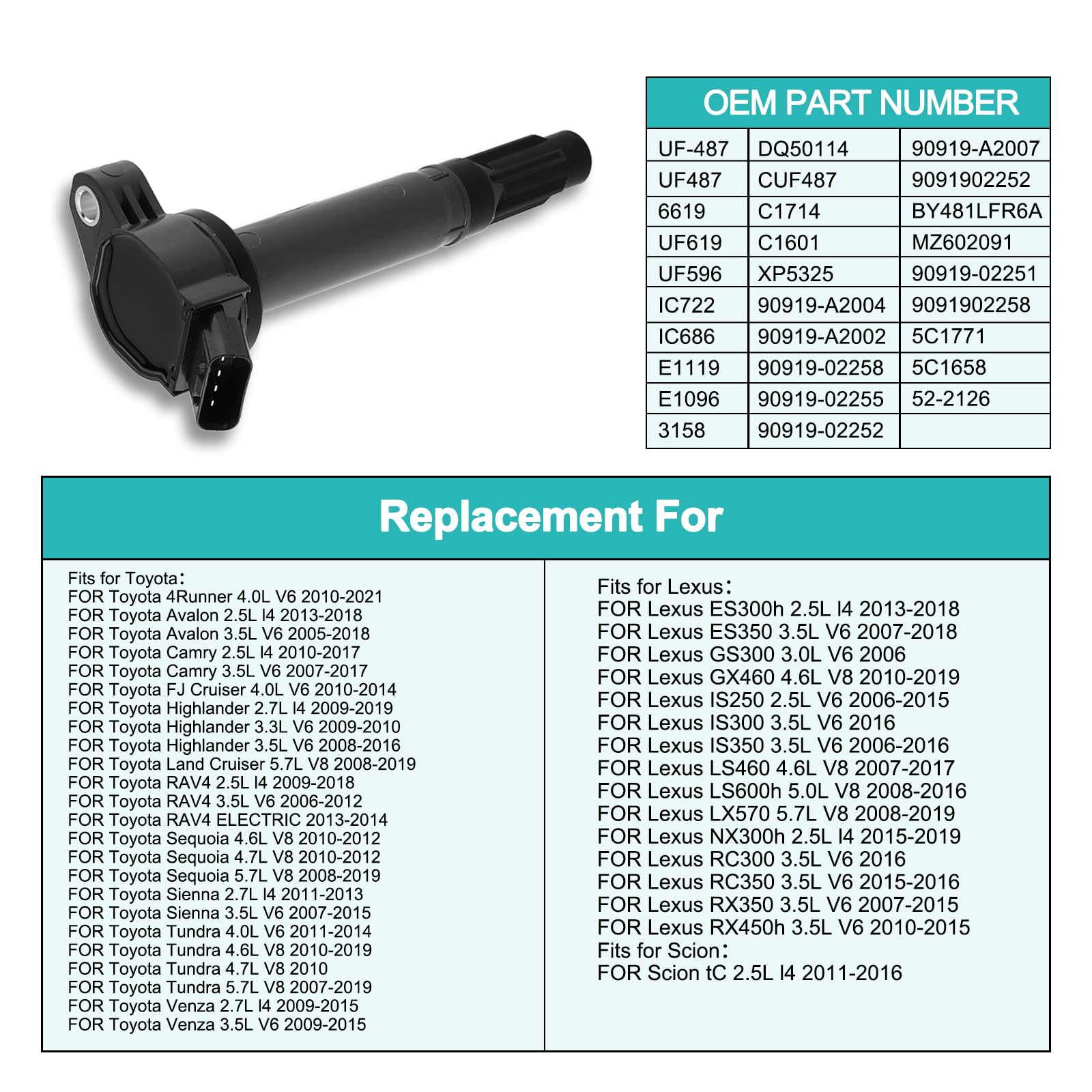 6Pcs Uf487 Ignition Coil Pack 2.5L 2.7L 3.5L For Toyota Avalon Camry Highlander Rav4 Sienna Venza,Lexus Es300H Es350 Is350 Nx300