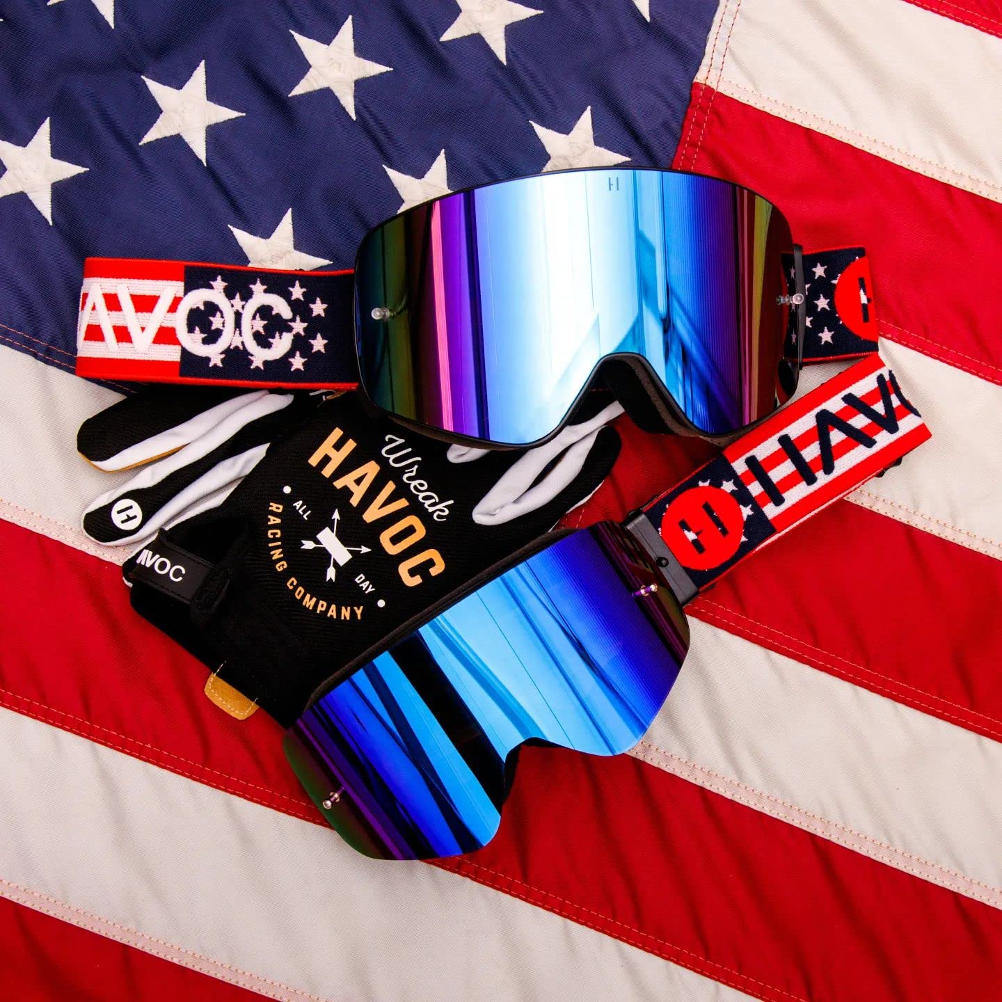 Havoc Racing Magnetic Frameless Goggles - For Motocross, Dirt Biking, Snowboarding, Atv, & Utv - Patriot Goggles & Clear Lens Bu