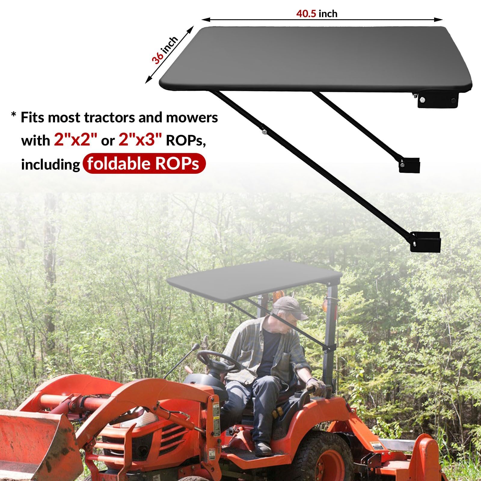 CarriTurf Universal Tractor Canopy for ROPS - UV-Resistant Sunshade for Compact Tractors, Riding Mowers, Zero Turn Mowers & Lawn