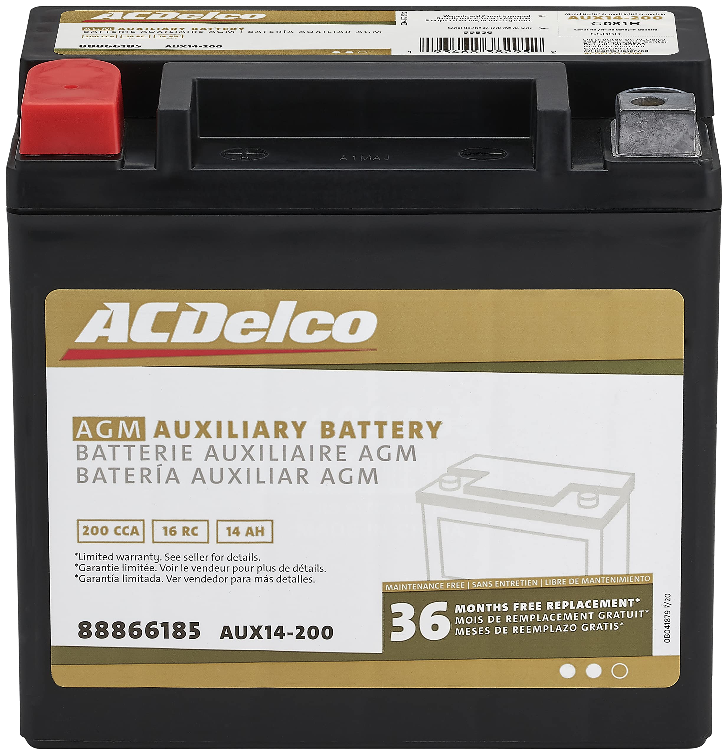 ACDelco Gold AUX14-200 (88866185) 36 Month Warranty Auxiliary AGM 200 CCA Battery