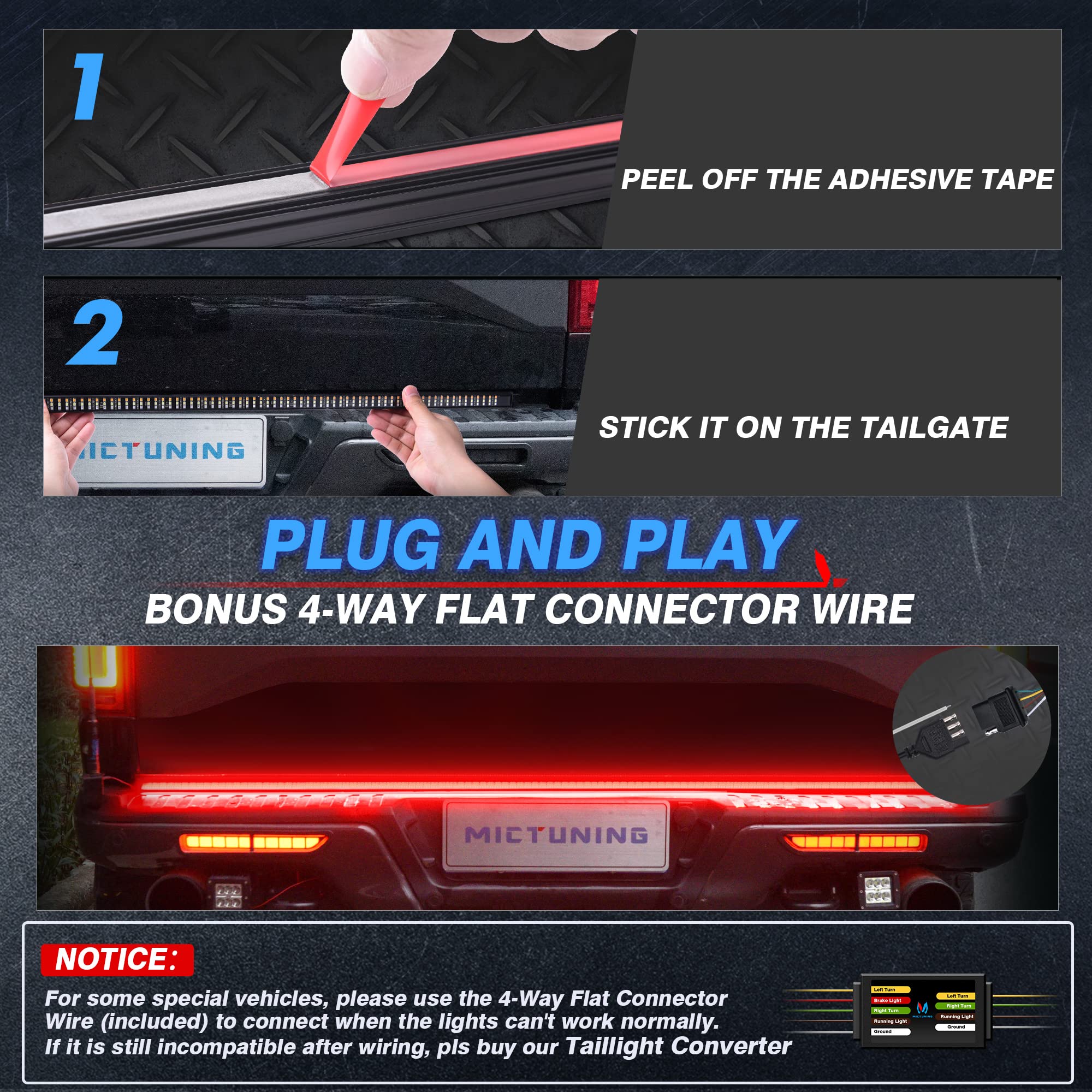 Mictuning 60 Inch Aluminum Frame Triple Tailgate Light Bar 1200 Led Waterproof With 4-Way Flat Connector - Full Function Amber S