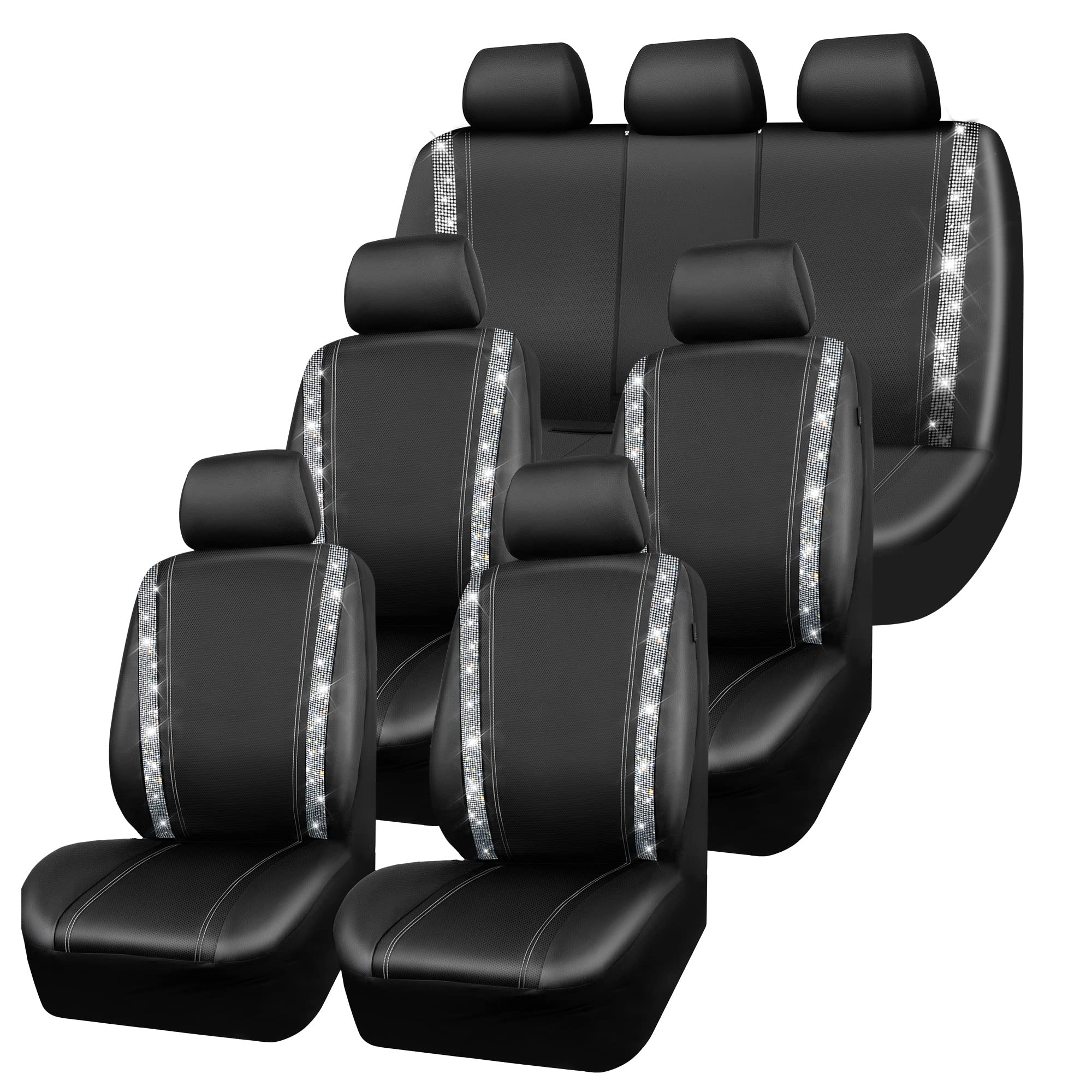 CAR PASS Bling Car Seat Covers, Shining Rhinestones Diamond Waterproof Faux Leather, 7 Seats 3 Rows with Zipper Glitter Crystal 