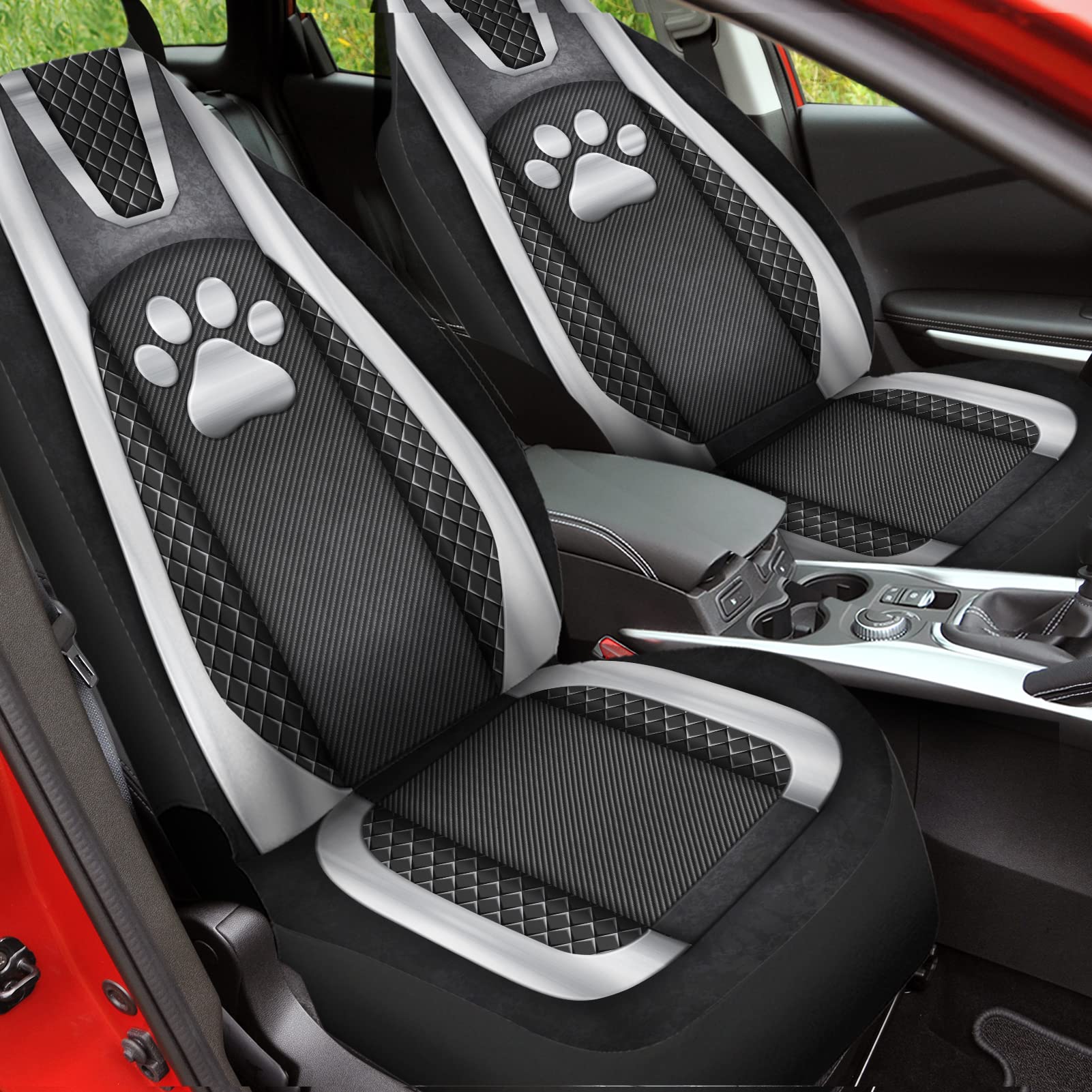 Howilath Silvery Dog Paw Print Car Front Seat Covers Set of 2, Non Slip Auto Seat Covers Accessories Strength Seats Cushion Univ