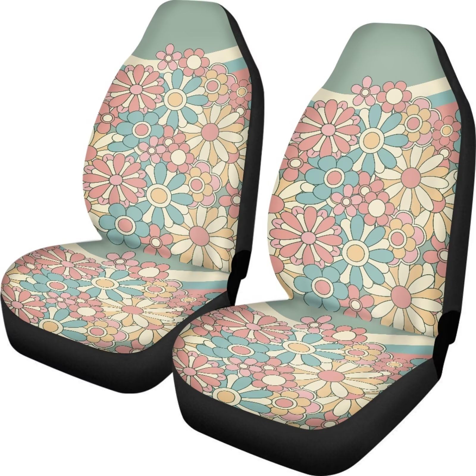 Fuibeng Abstract 70S Groovy Flower Auto Seat Cover Set For Women,Green Swirl Wavy Auto Front Seat Cushion Protective Accessories