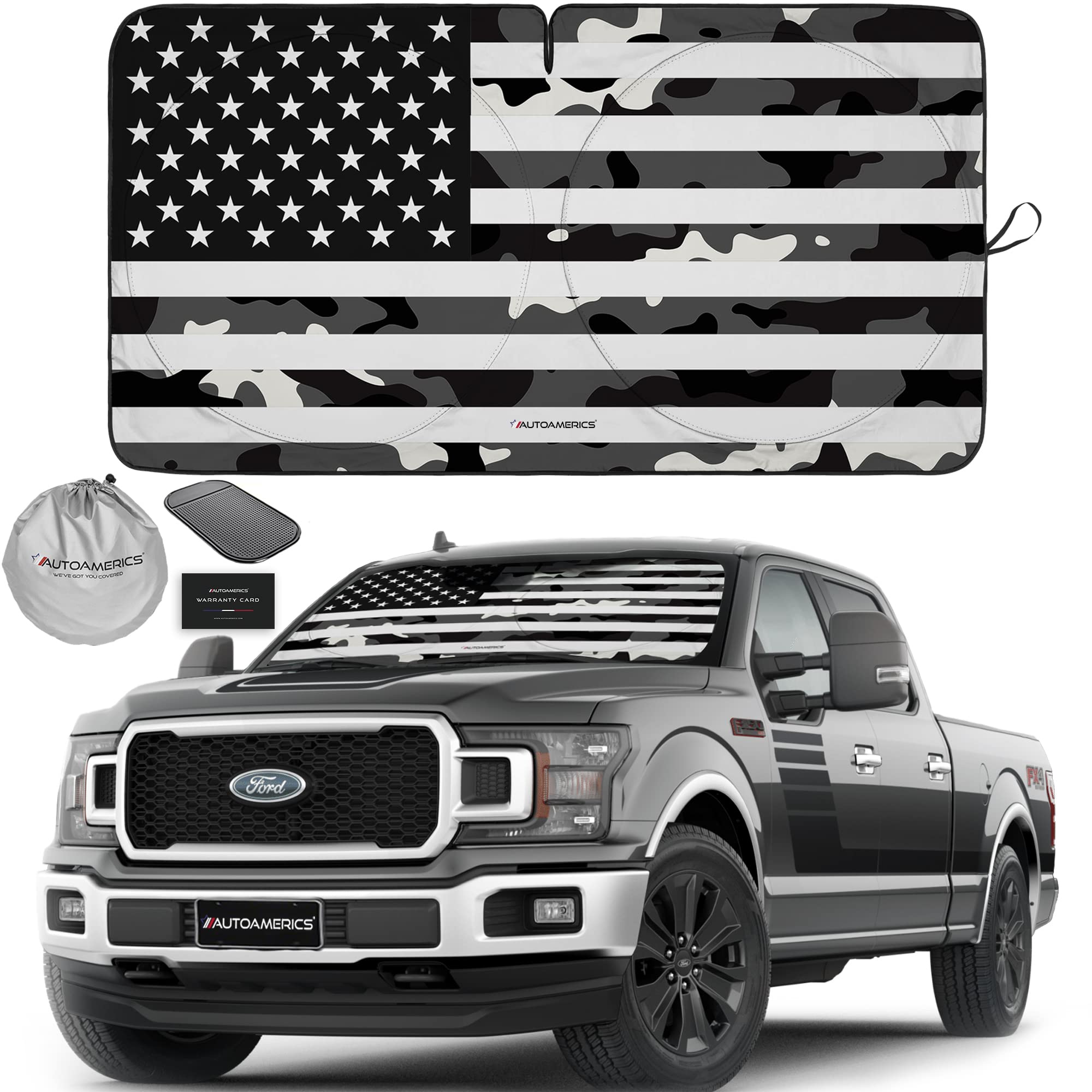 Autoamerics Truck Windshield Sun Shade With Storage Pouch & Anti-Slip Dash Pad - Foldable B&W Camo Usa Flag Design - Fits Most S