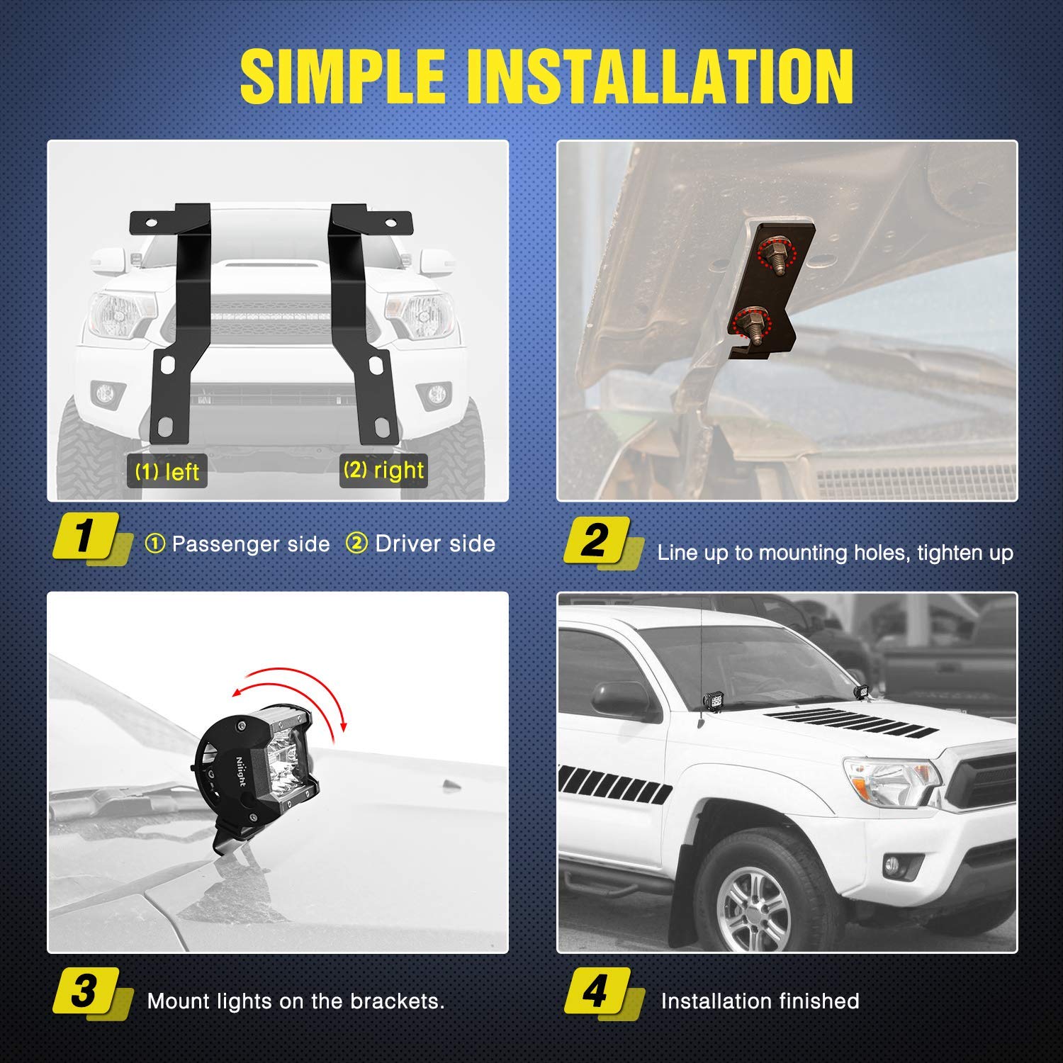 Nilight Ditch Light Brackets Auxiliary Offroad Work Led Pod A-Pillar Hood Mounts On 2Nd Gen Tacoma 2005 2006 2007 2008 2009 2010