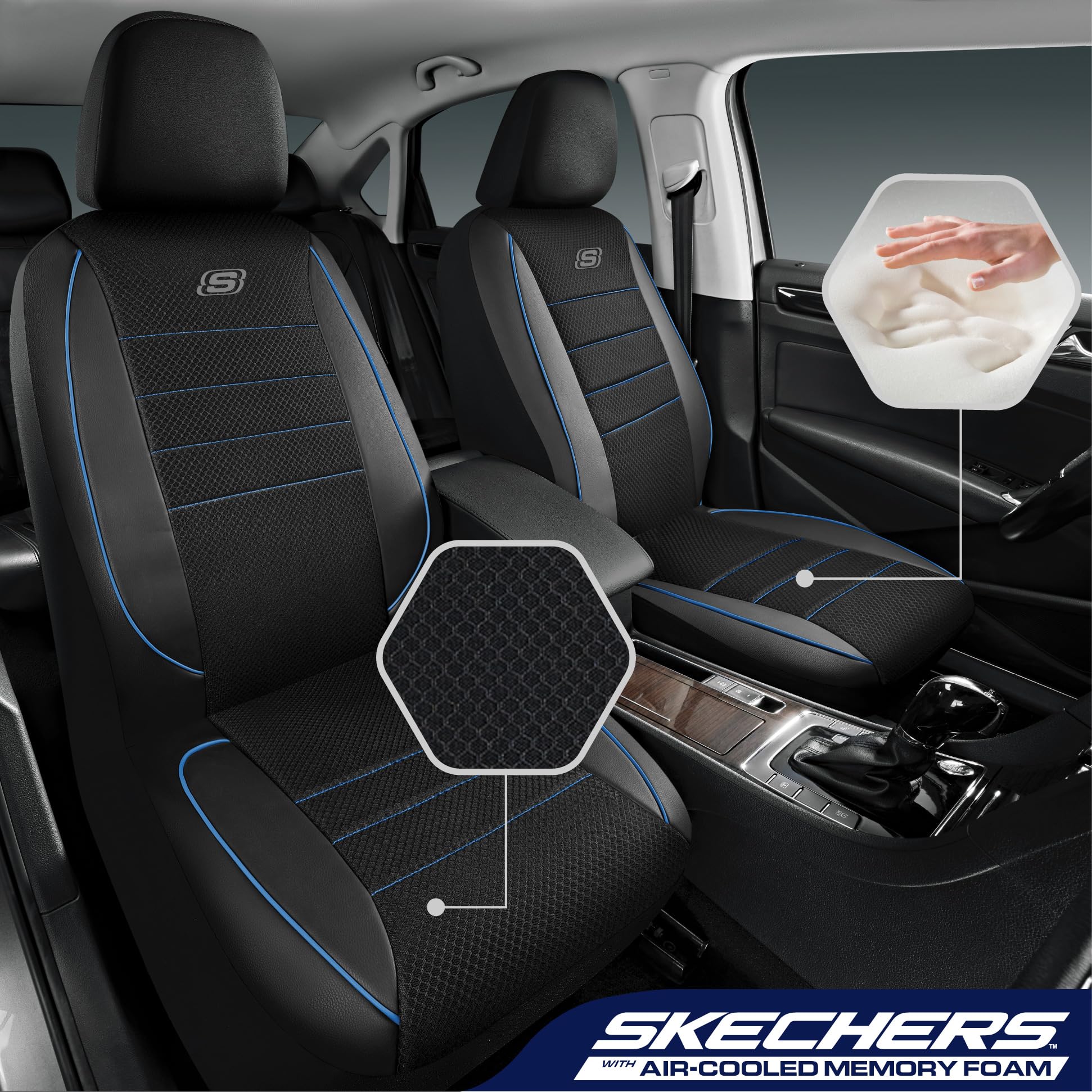 Skechers Memory Foam Car Seat Covers,Air Cool Mesh Thick Seat Covers,Piping Leather Two Front Car Seat Protector,Airbag Compatib