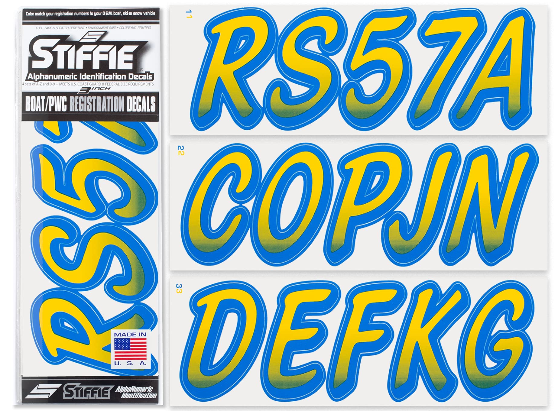 STIFFIE Whipline Yellow/Blue 3'' Boat & PWC Registration Decals  Numbers Letters Stickers
