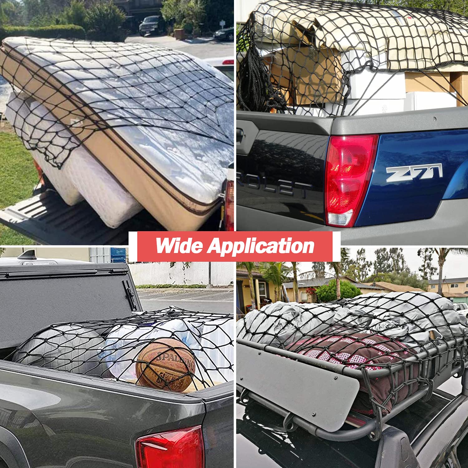 ZUOZE Natural Latex Core Super Duty Cargo Net for Pickup Truck Bed 4'x6' Stretches to 8'x12' | 12 Carabiners + 12 Hooks | Small