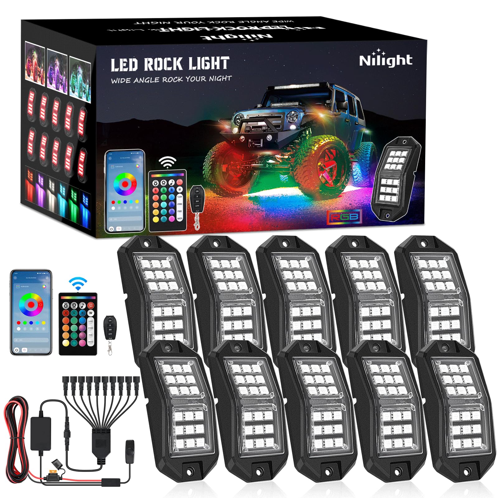 Nilight Rgb Led Rock Lights Kit 10 Pcs 18Led Wide Angle Wheel Well Light With Remote & Bluetooth App Dual Control Multi Modes Un