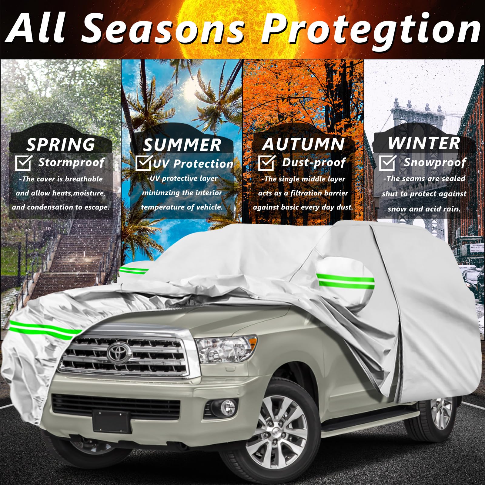 AROJAK Waterproof Car Cover Replace for Toyota Sequoia 2001-2023,190T All Weather Car Covers with Zipper Door,Windproof Bands fo