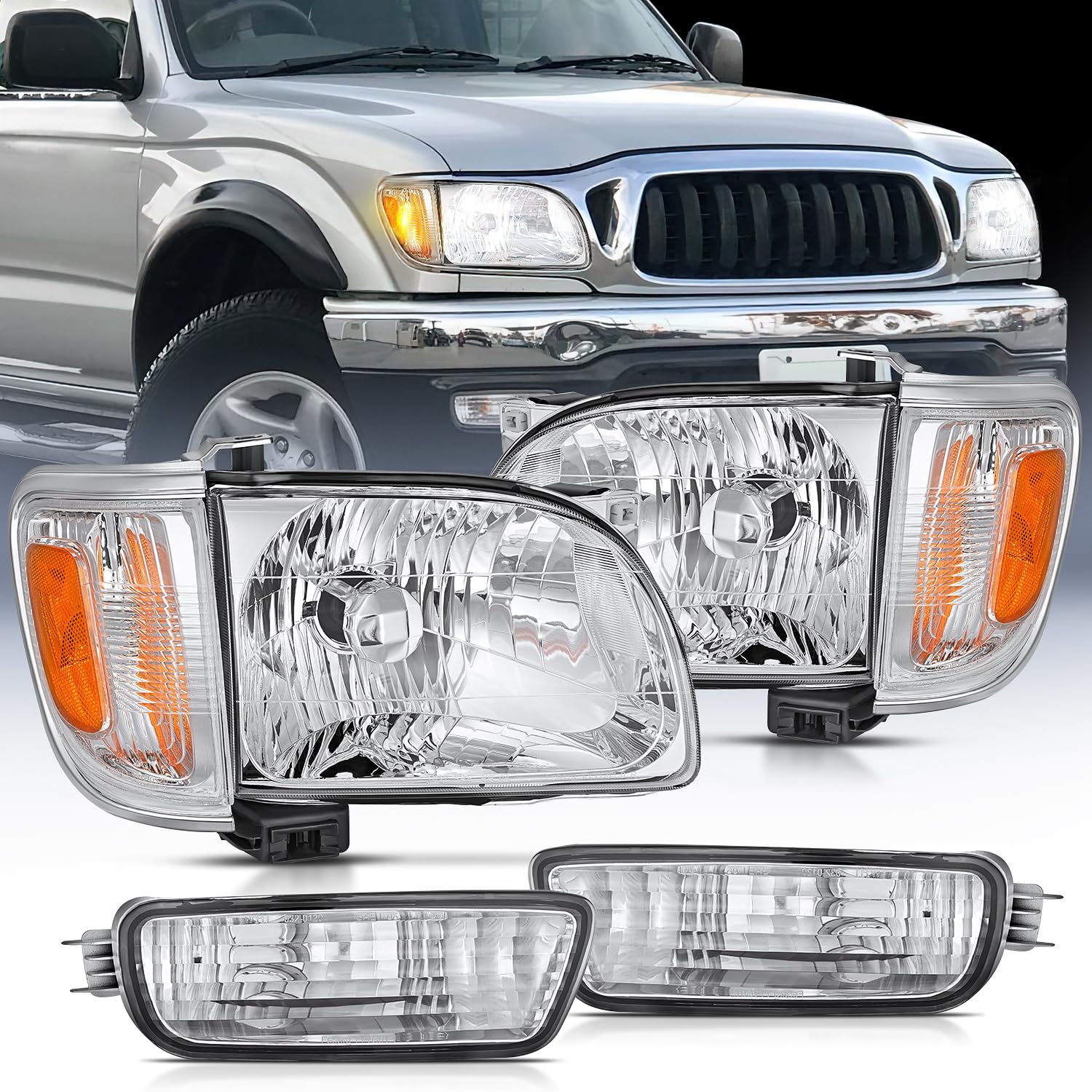 Nilight Headlight Assembly For 2001 2002 2003 2004 Toyota Tacoma Replacement Headlamp Chrome Housing Amber Reflector Driver And