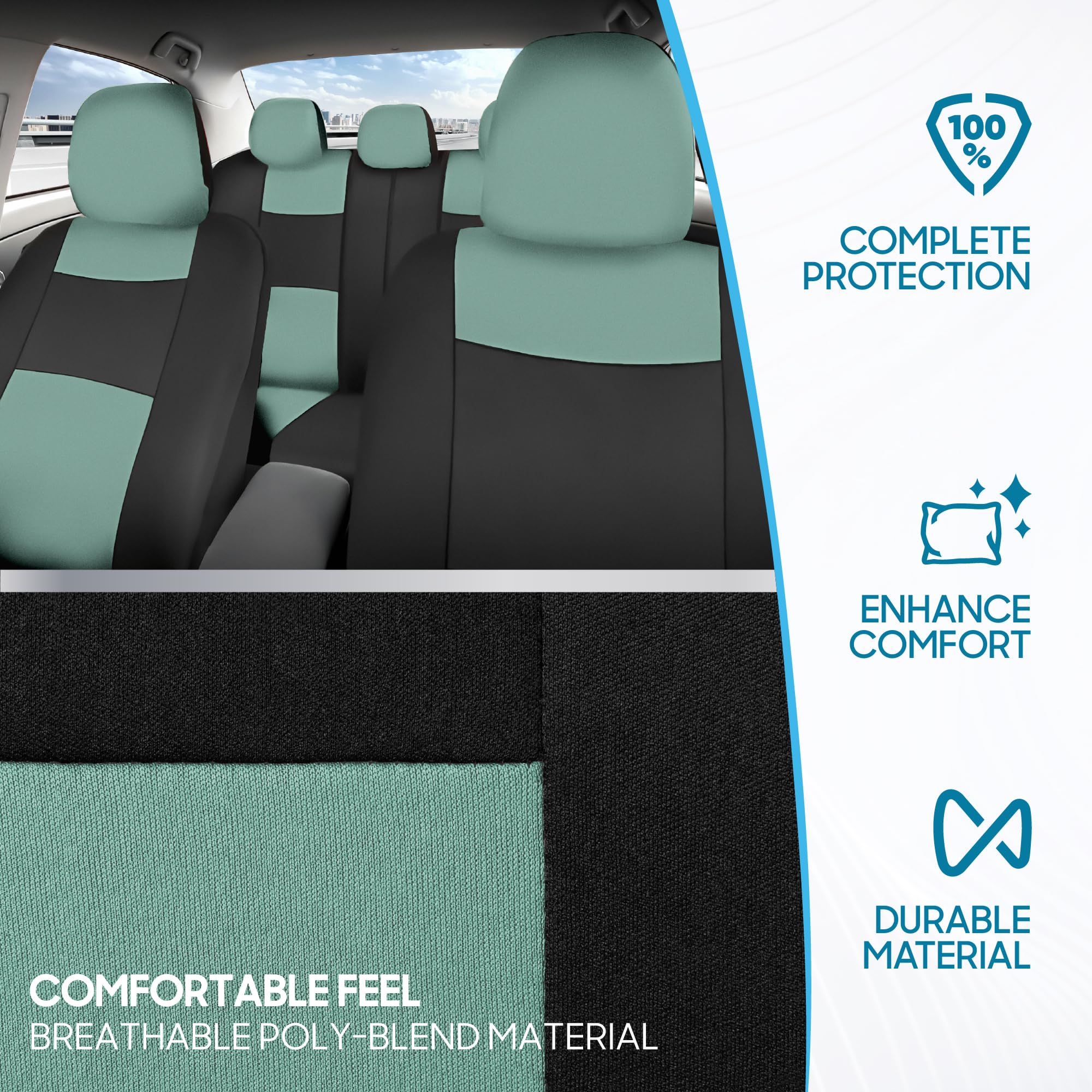 BDK PolyPro Car Seat Covers Full Set in Mint on Black - Front and Rear Split Bench Seat Covers Accessories for Auto Trucks Van S