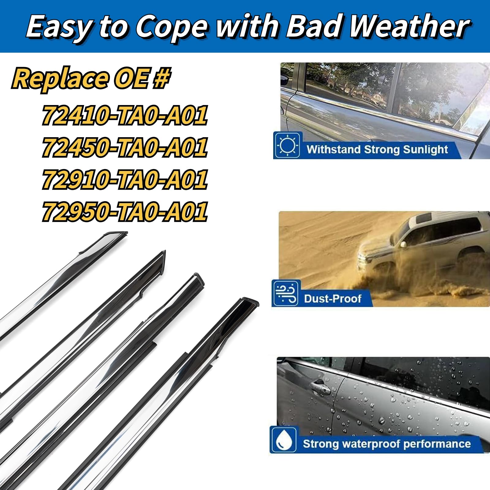 4Pcs Weatherstrip Window Moulding Trim Seal Belt Compatible With 2008-2012 Honda Accord Replaces#72410-Ta0-A01 72450-Ta0-A01 729