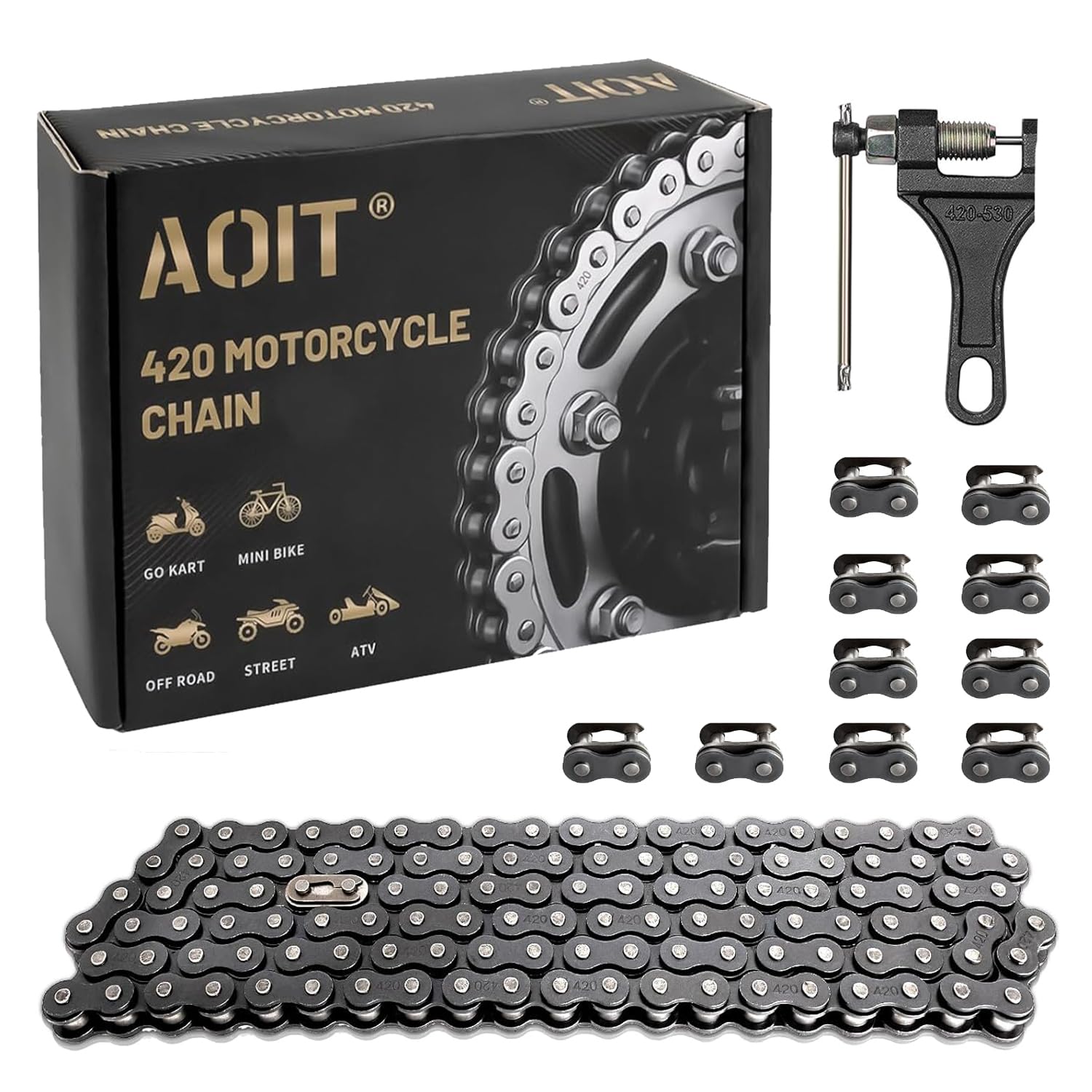 420 Motorcycle Chain - 420 Standard Roller Chain For 110Cc 125Cc Go Kart Dirt Pit Bike Atv Quad Scooter Mini Bike, Total 132 Links, Free Chain Breaker Included