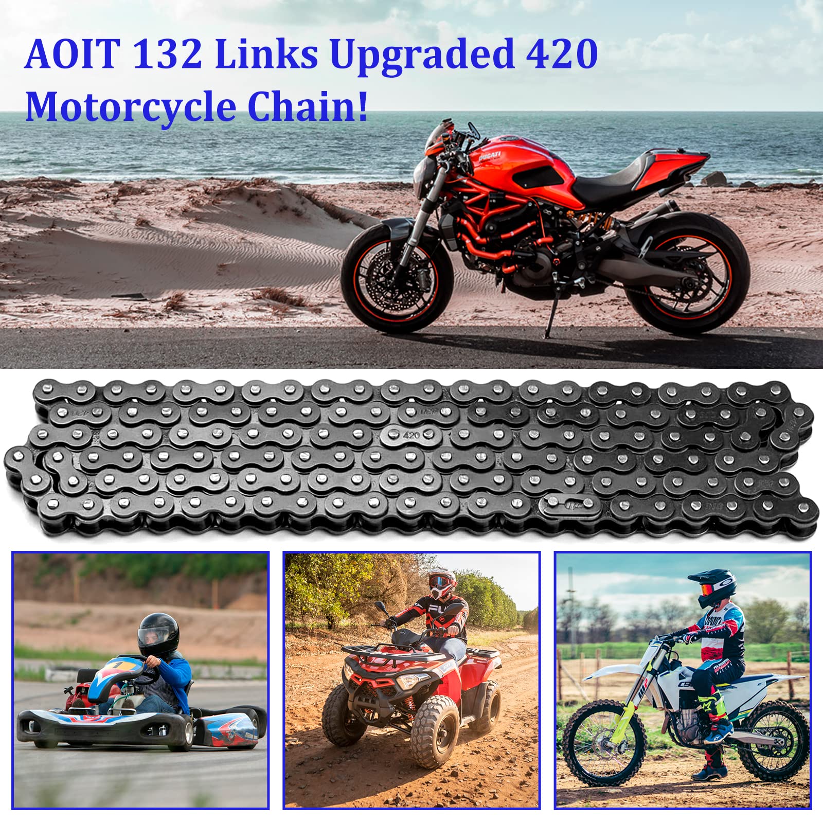 420 Motorcycle Chain - 420 Standard Roller Chain For 110Cc 125Cc Go Kart Dirt Pit Bike Atv Quad Scooter Mini Bike, Total 132 Links, Free Chain Breaker Included