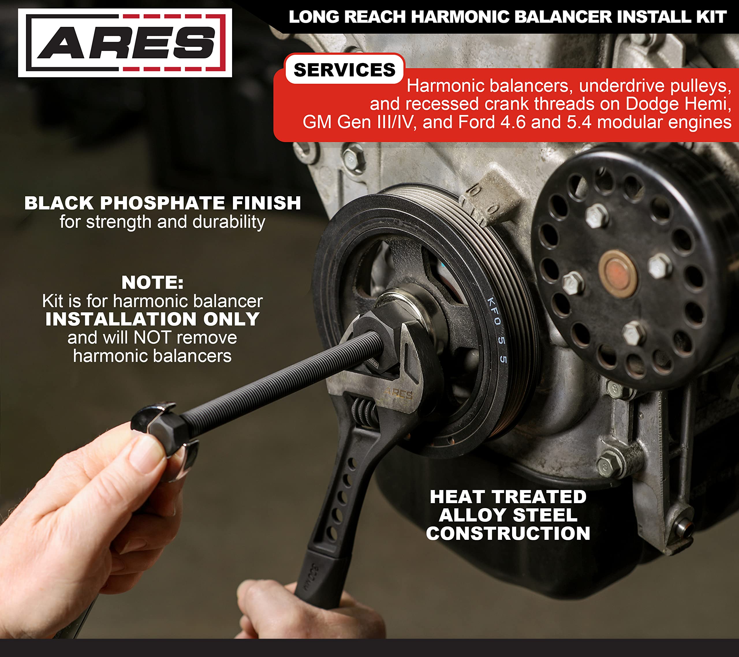Ares 15087 - Long Reach Harmonic Balancer Install Kit - Install Balancer Pulleys On Domestic And Import Vehicles - Extra Long In