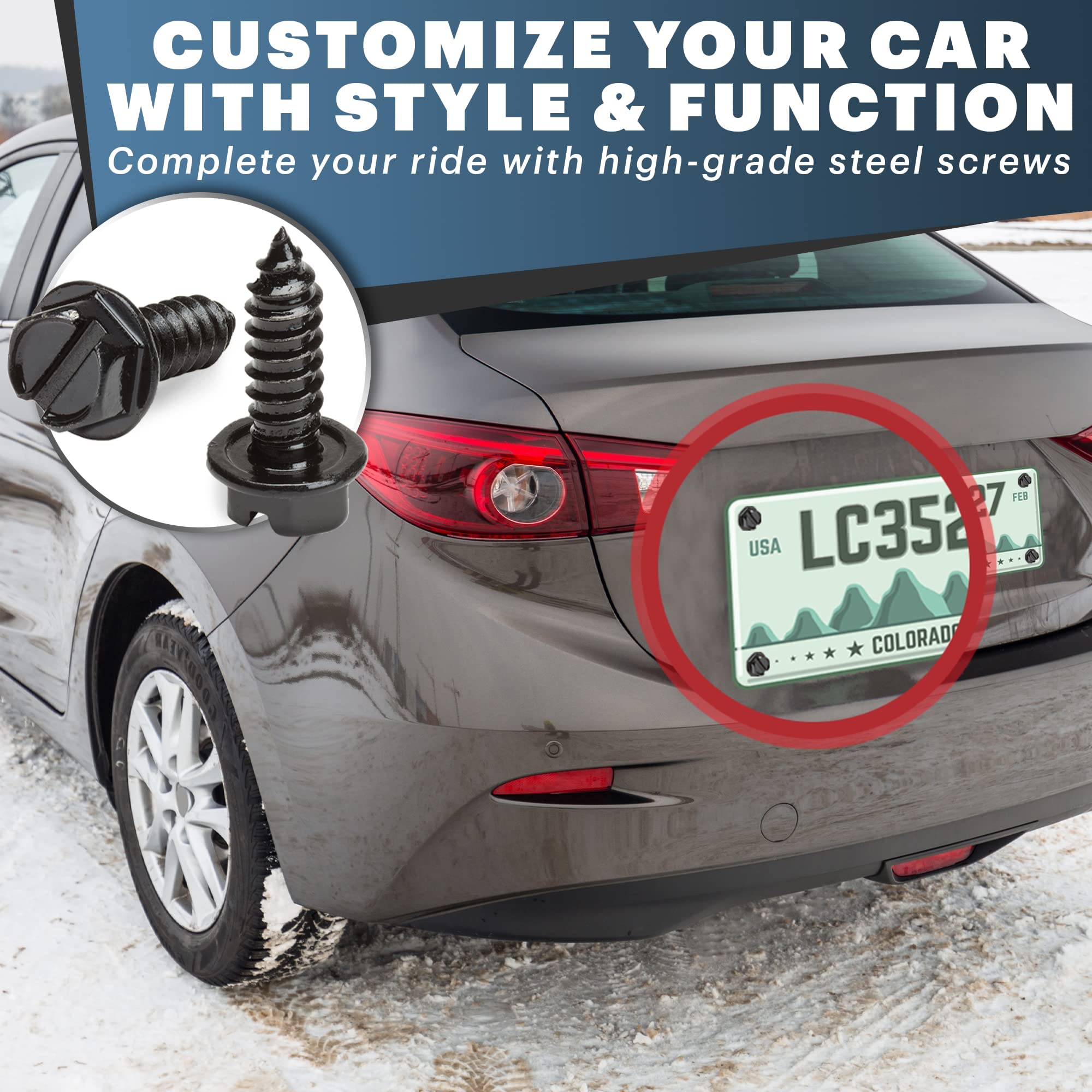 Black License Plate Screws Kit - Set Of 8 Fasteners For Front And Back License Plates And License Plate Frames Or Covers On Domestic Cars, Trucks, Suvs - Rustproof, Self Tapping Mounting Bolts (Black)