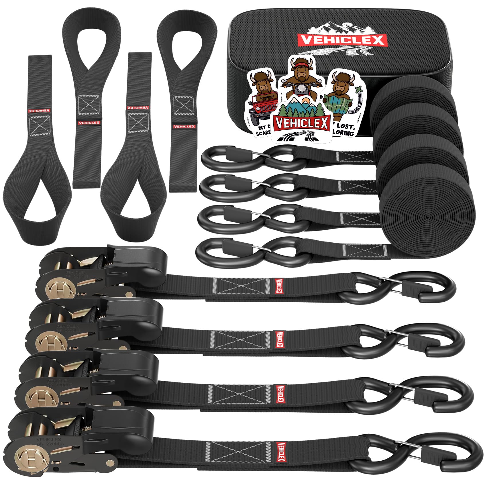 Ratchet Tie-Down Straps Set - (1' X 15', 2200Lbs Breaking Strength) - Vehiclex Soft Loops, Coated S-Hooks, Storage Bag For Atv, Motorcycle, Bicycle, Kayak, Cargo Securing, Black