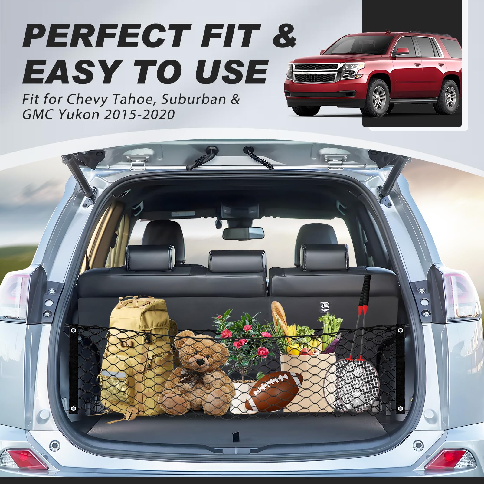 Karltys Yukon Cargo Net For Gmc Yukon/Chevy Tahoe/Suburban - Double Layer Nylon Mesh With Metal Hooks