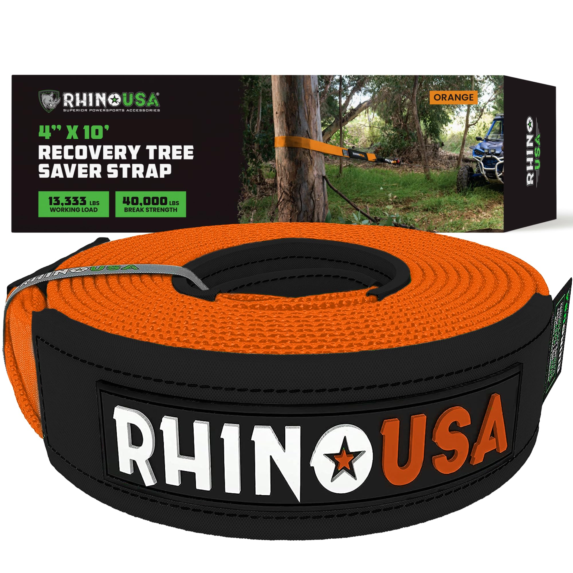 Rhino Usa Tree Saver Tow Strap (4''X10') - 40,320Lb Break Strength - Emergency Recovery Strap Winch Extension For Truck, Utv, At