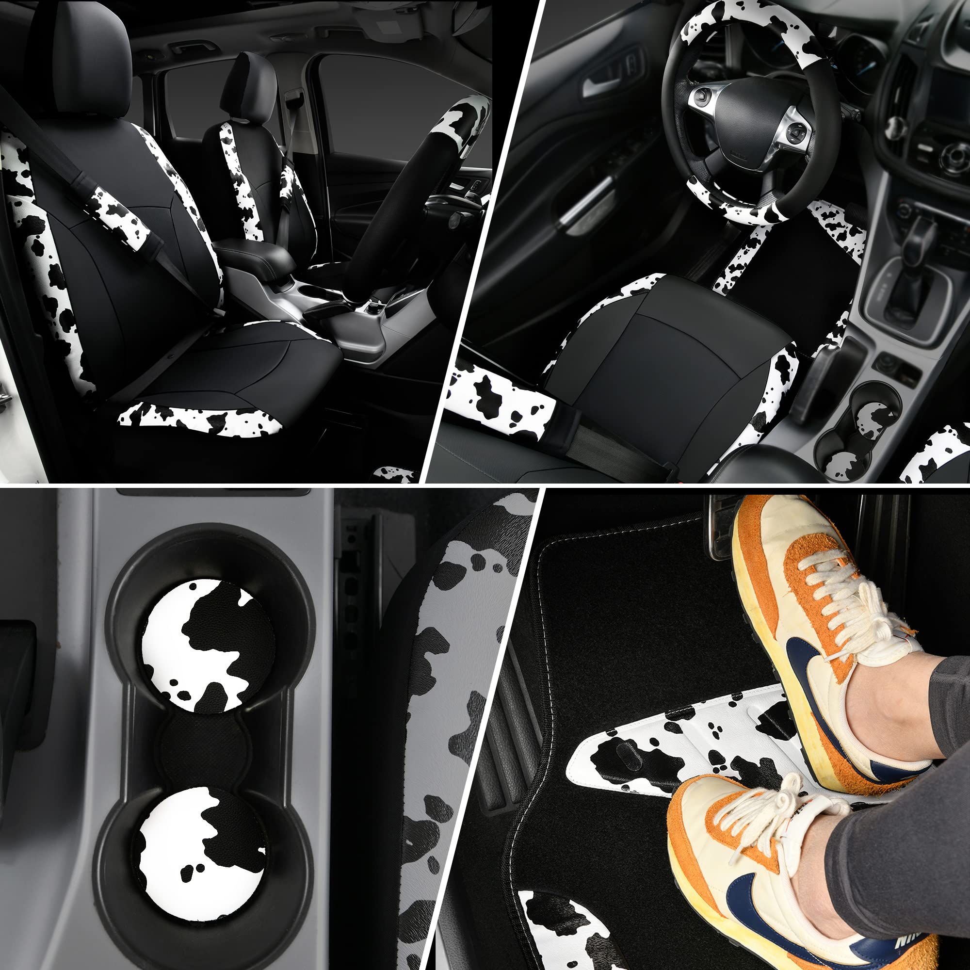 Car-Pass Cow Print Car Accessories Sets Faux Leather Car Seat Covers & Cow Car Mats & Cow Steering Wheel Cover Seat Belt Pads Un