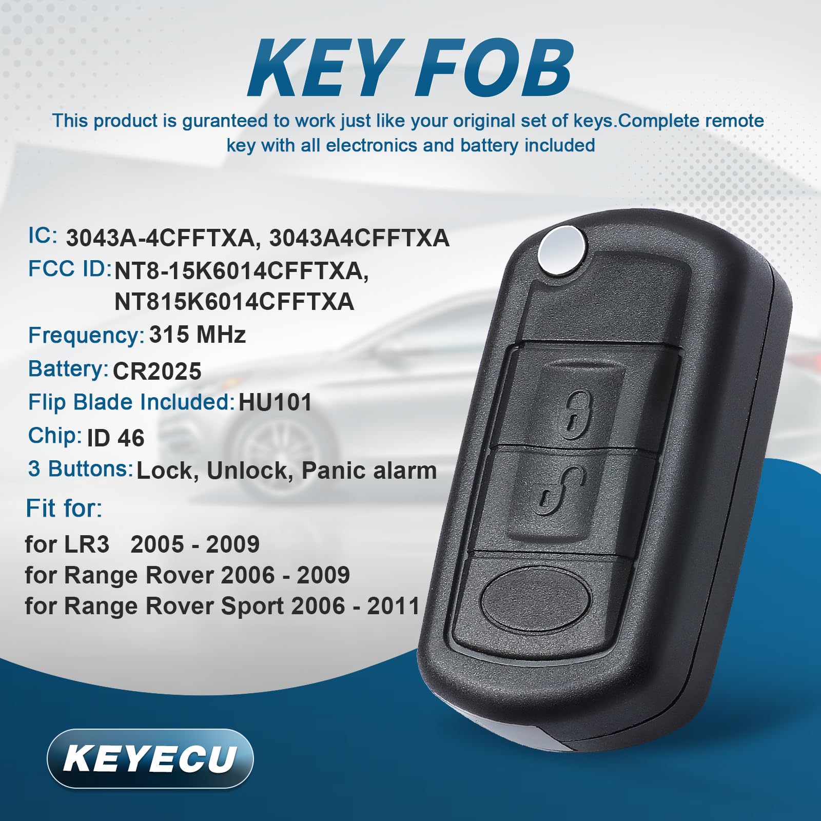 Keyecu Replacement Flip Remote Car Key Fob 315Mhz Pcf7941 For Lr3 Range Rover Sport 2005-2011 Fcc Id:Nt8-15K6014Cfftxa