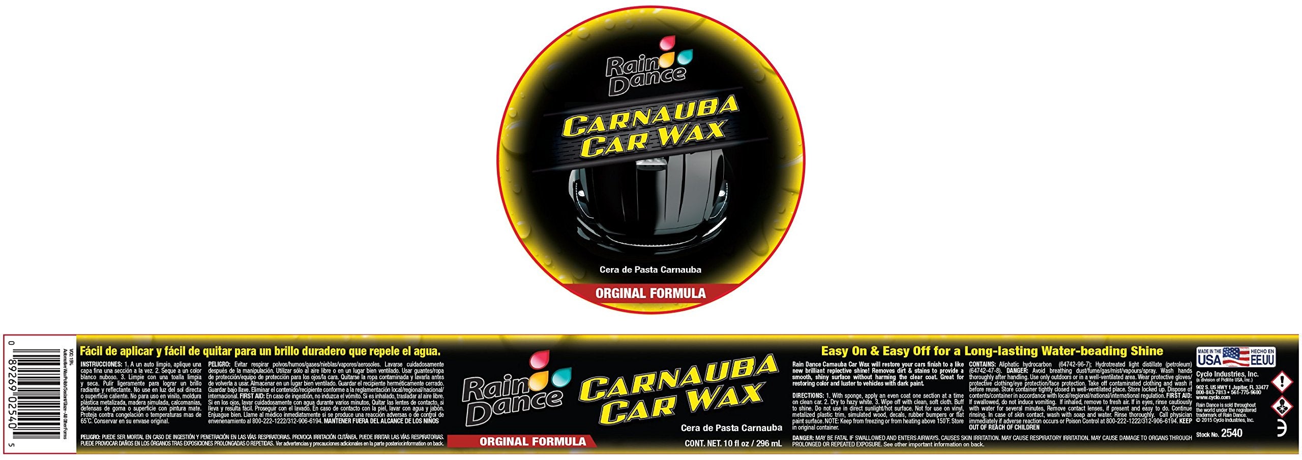 Rain Dance Carnauba Car Wax - 10 Fl Oz - Smoothens Fine Scratches Creating Brialliant And Shiny Surface
