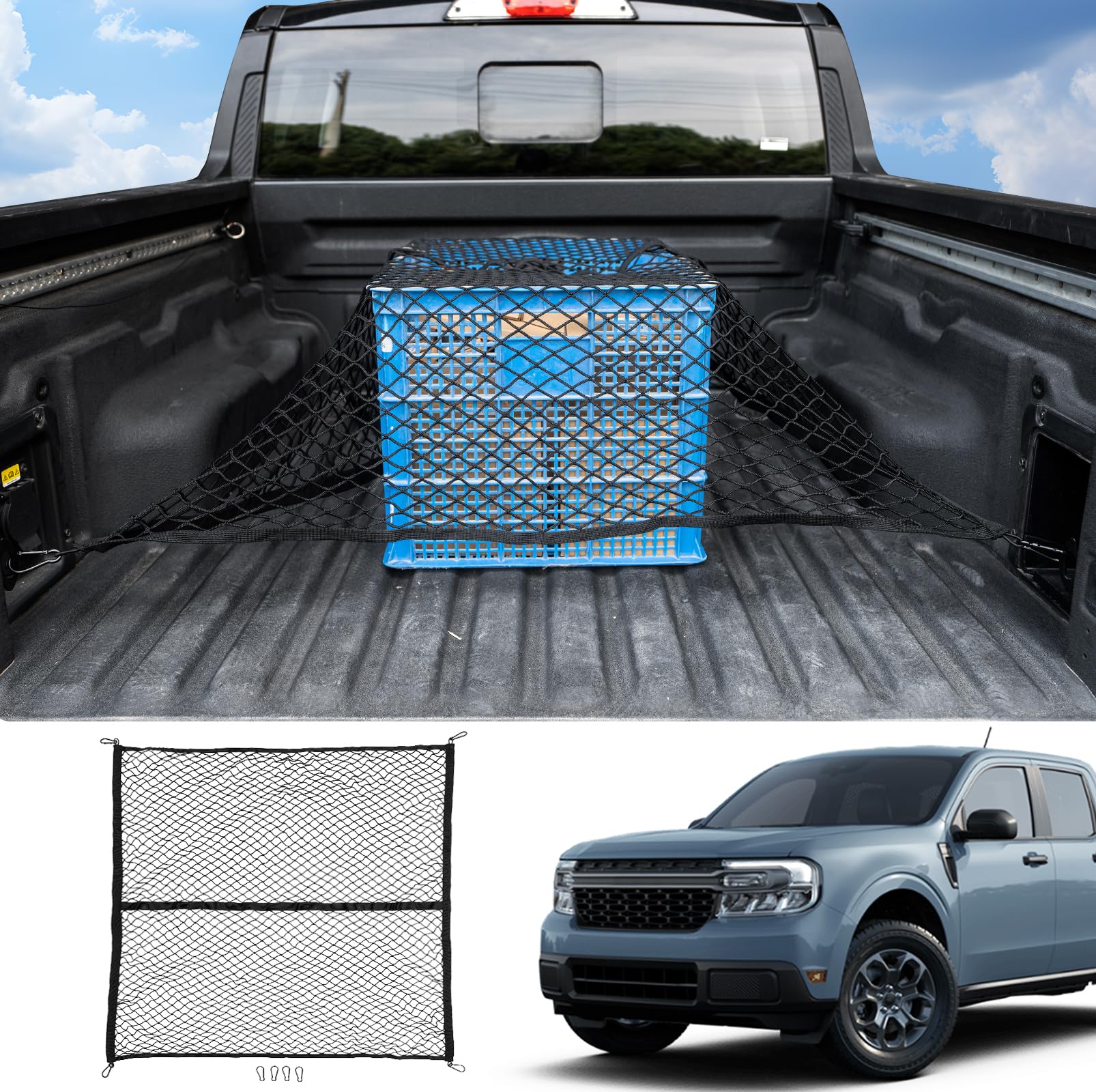 Maxzina Cargo Net Compatible With 2022-2025 Ford Maverick 2021-2025 F150 Truck Storage Net Dense Mesh Single Layer Stretchable A