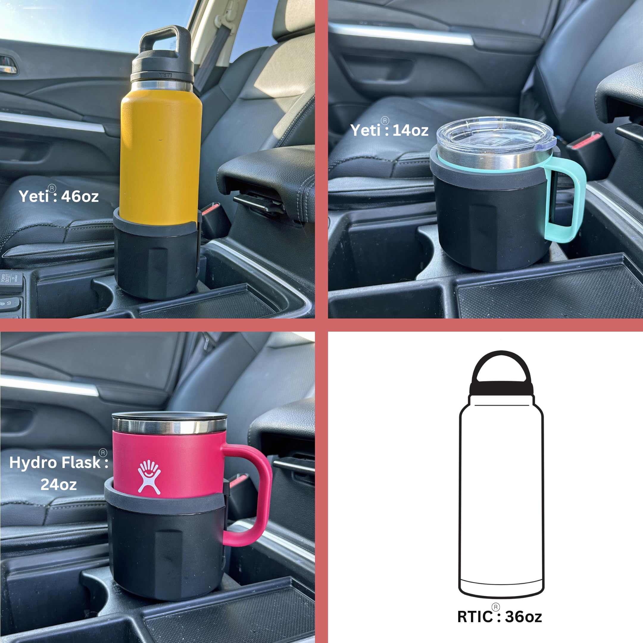Swigzy Extra Wide Car Cup Holder Expander - Made For Yeti 14Oz & 46Oz Rambler, Hydro Flask 24Oz Mug, Rtic 36Oz Bottles - Adapter