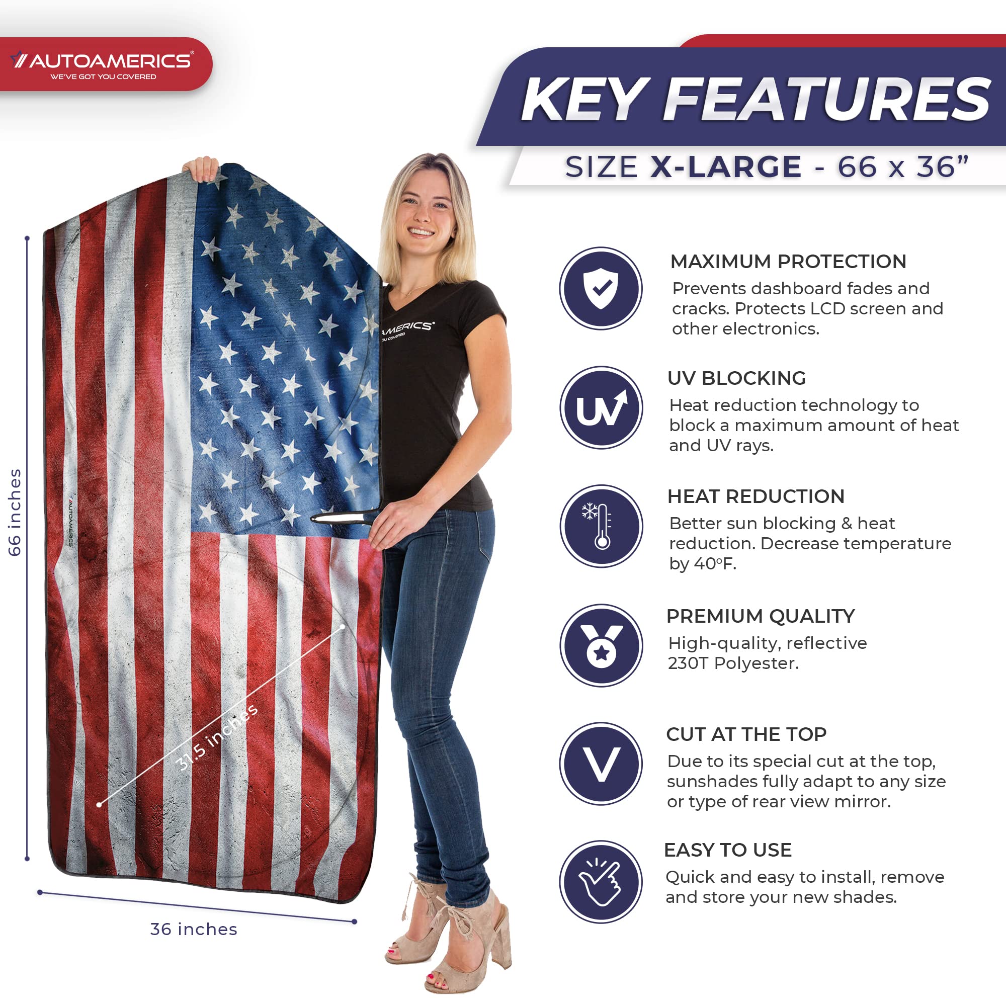 Autoamerics Truck Windshield Sun Shade With Storage Pouch & Anti-Slip Dash Pad - Foldable Grunge Usa Flag-3 Design Cover - Fits