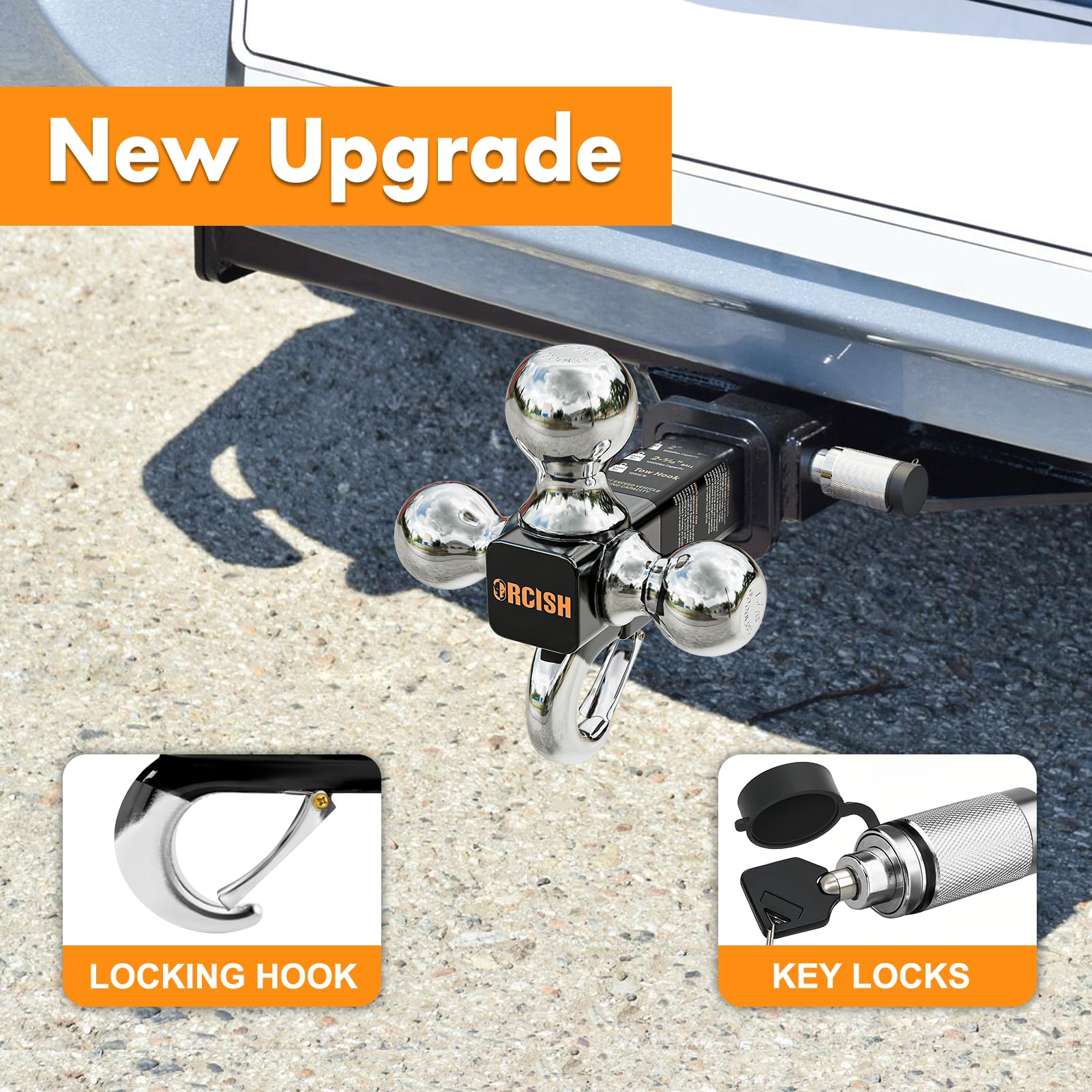 Orcish Trailer Hitch Tri-Ball Mount With Hook Contain Secure Self-Lock Latch, Trailer Ball Size 1-7/8'', 2'' And 2-5/16'', Fit 2