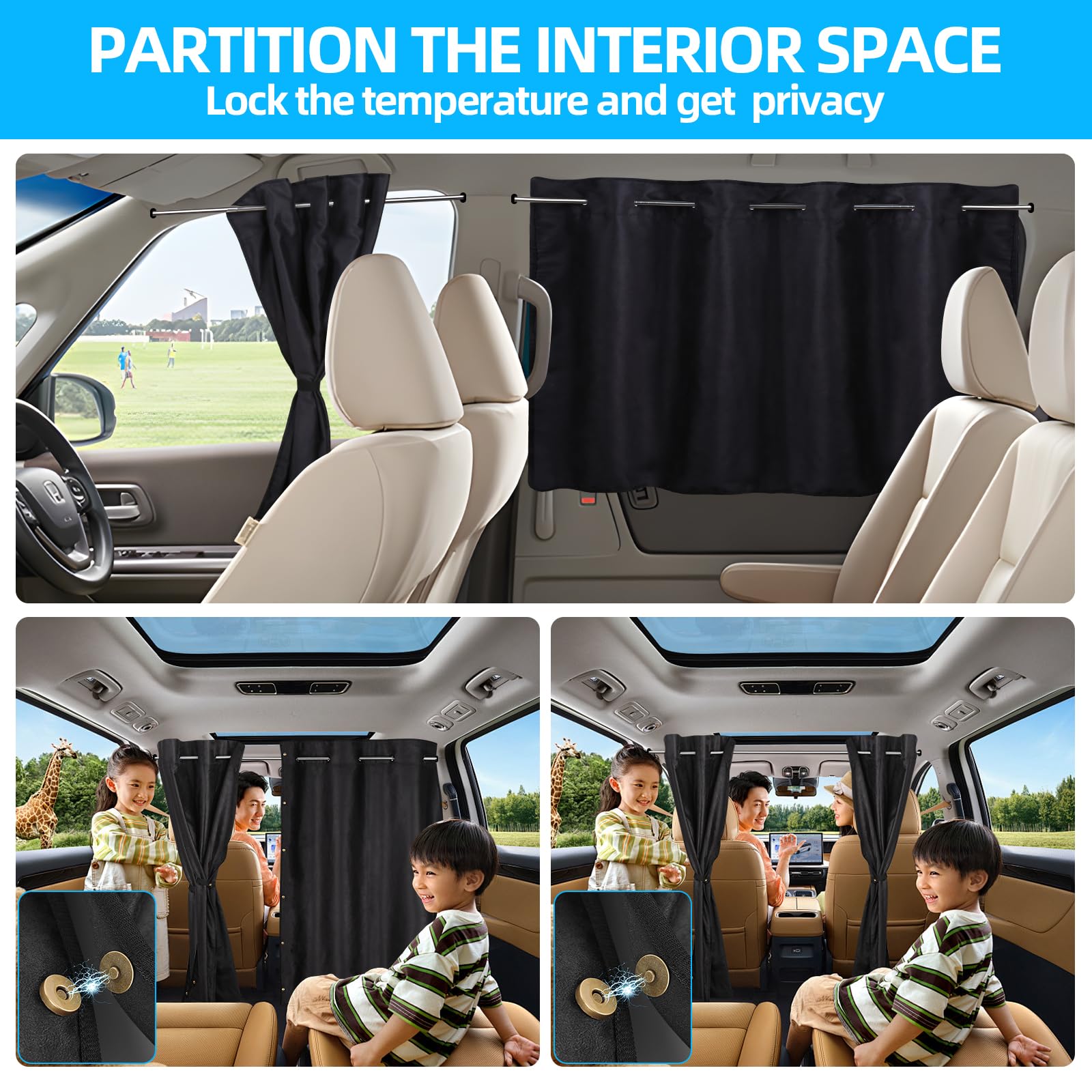 Zatooto Car Window Shades With Rods Set Of 3, Car Shades For Back Windows Baby & Privacy Blackout Car Divider Curtain Opaque Sue