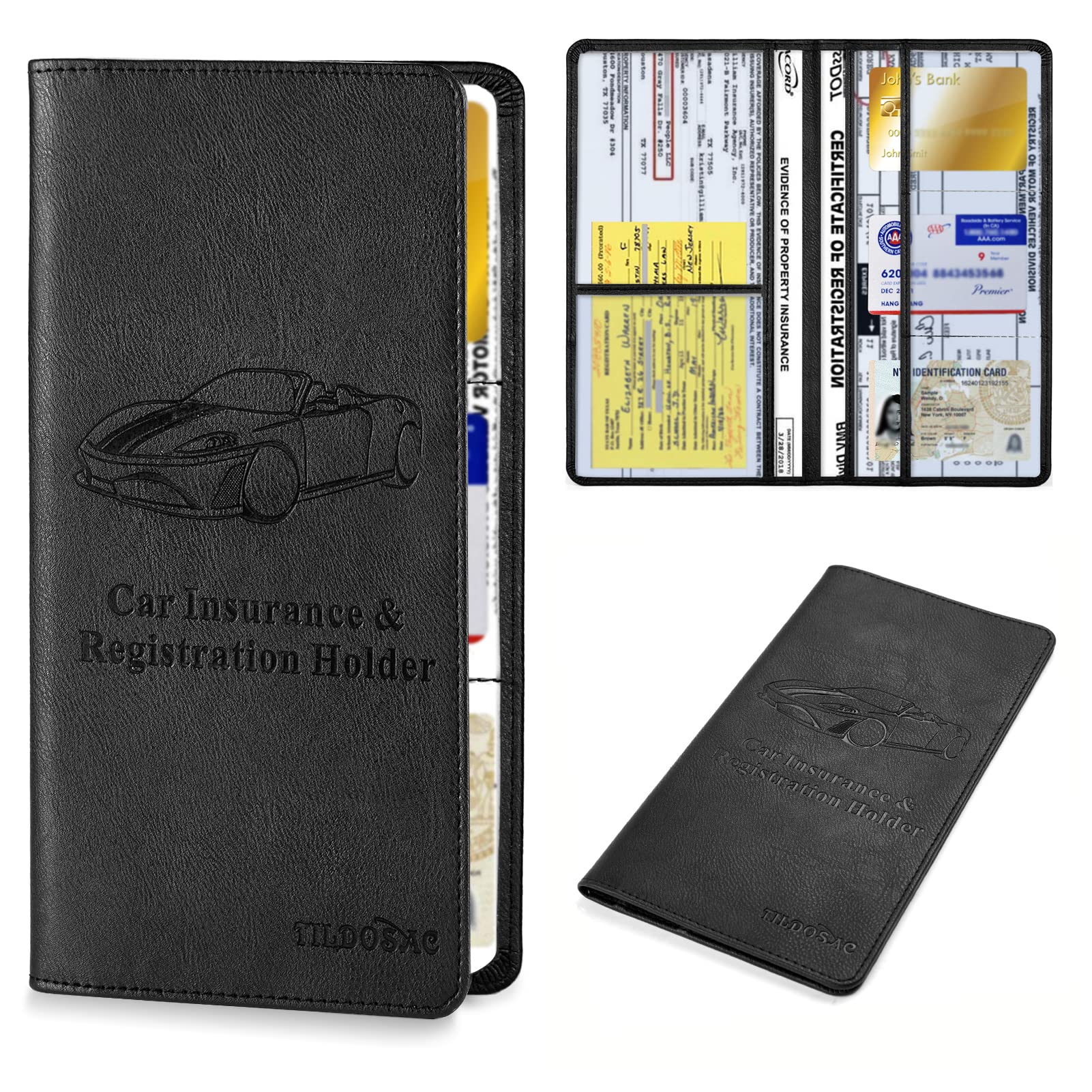 Tildosac Car Registration & Insurance Card Holder:Auto Glove Box Organizer Document Wallet Leather Truck Accessories For Women Men (A Black, Large)