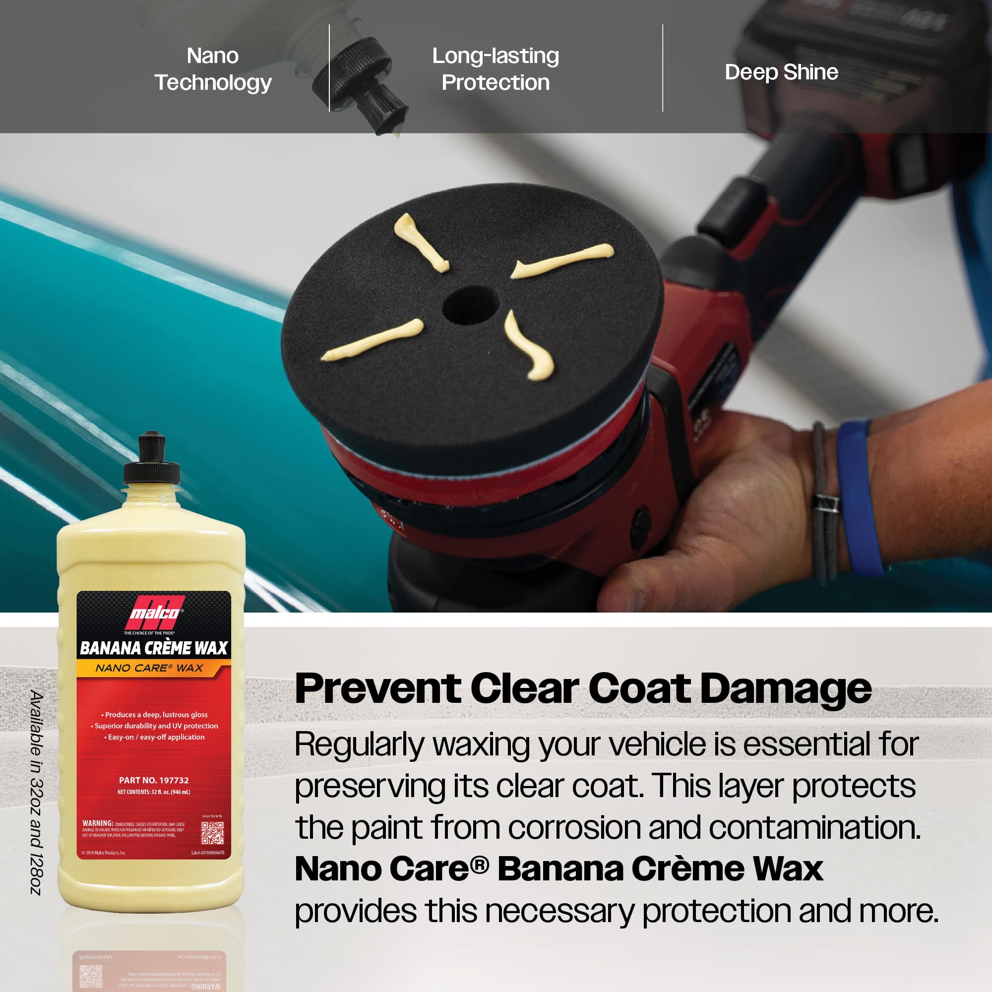 Malco Nano Care Banana Creme Wax - Deep Gloss Shine & UV Protection - 32 oz - Automotive, Marine & Industrial Use