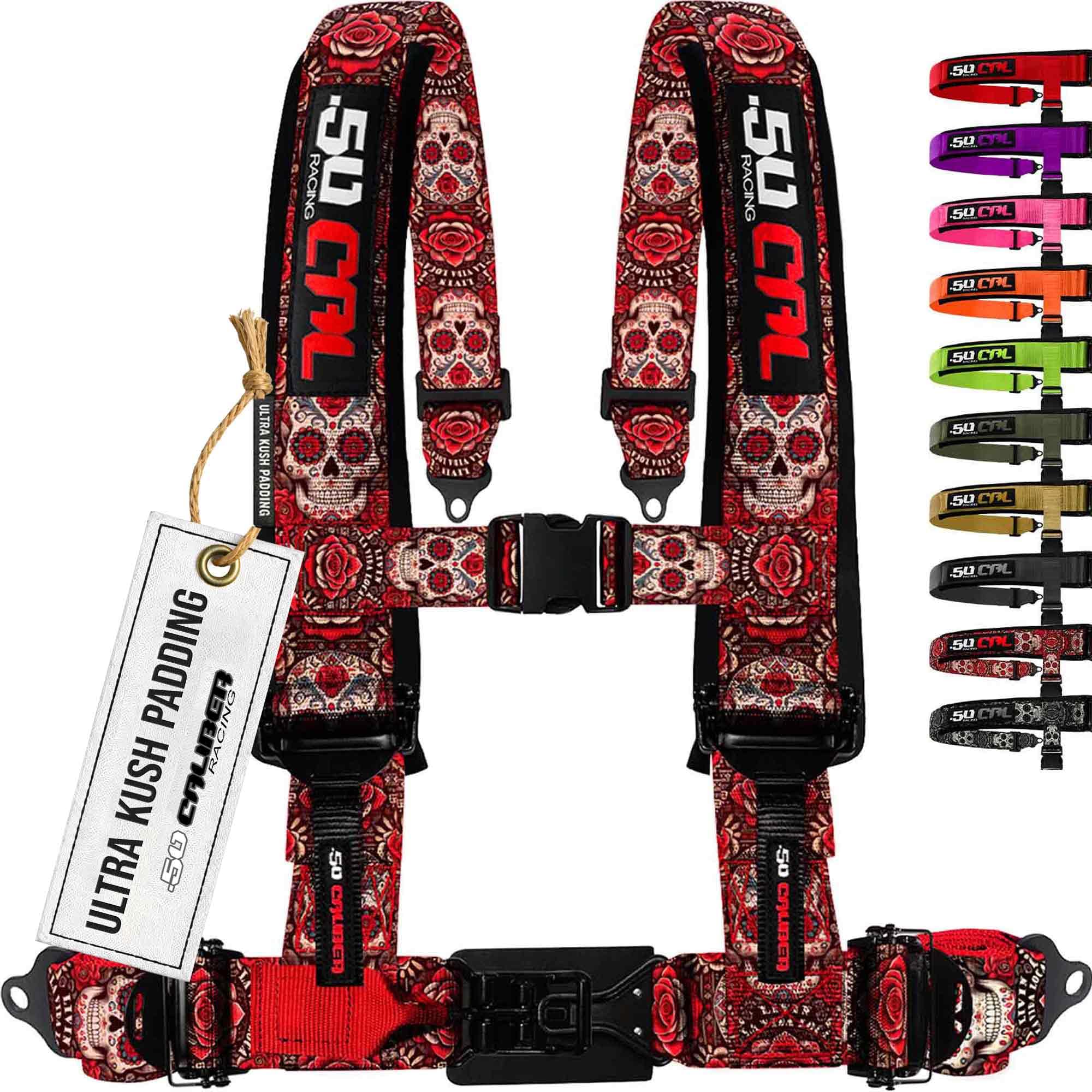 1pc Red Sugar Skull 4 Point Harness for Bucket Seat, 2in Belt, Quick Release, 10 Color Options, Racing Harness UTV RZR Car [6316
