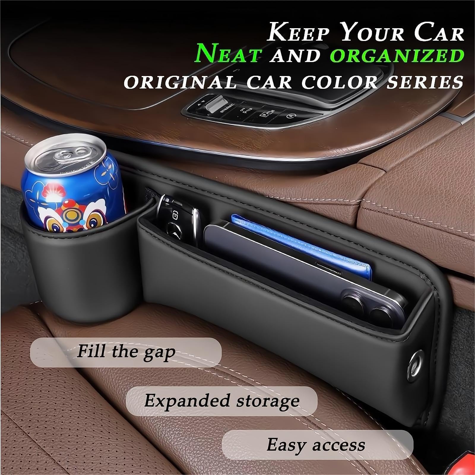 Leqbo Car Seat Gap Filler With Cup Holder, Leather Car Seat Storage Box Beside Driver Seat,Car Seat Gap Organizer For Phones, Ke