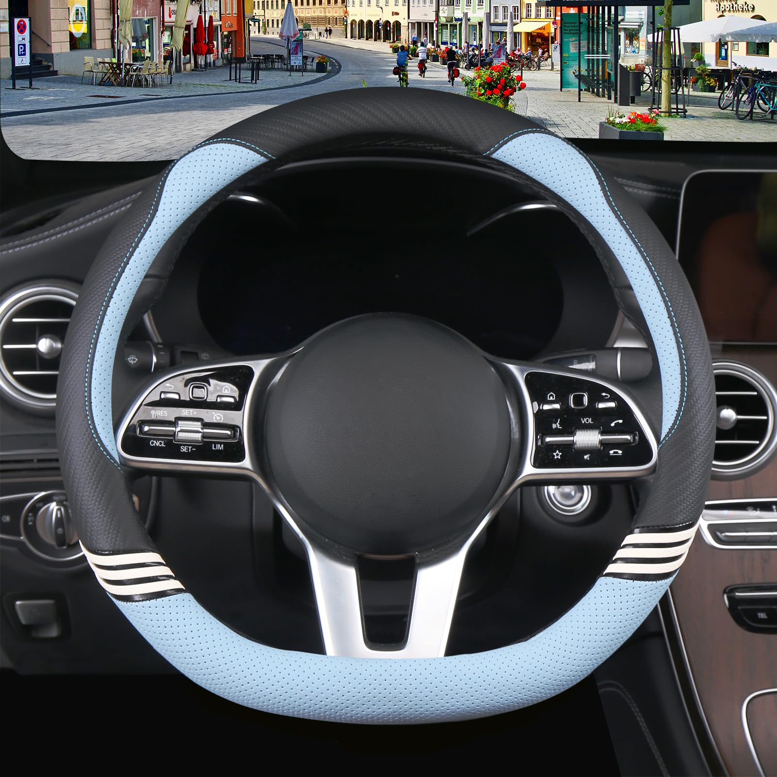 Binsheo Cute Steering Wheel Cover D Shape For Women Men Breathable Universal 15 Inch,Black And Blue