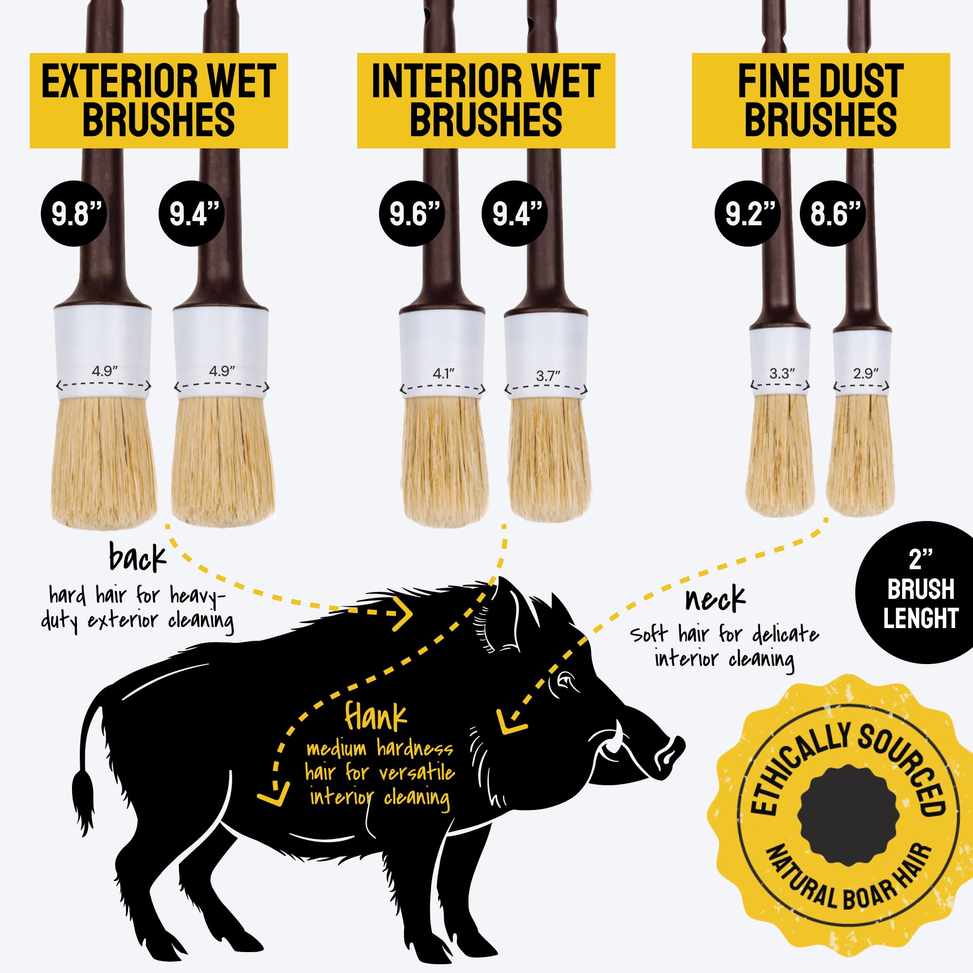 Detail Dudes Soft Boars Hair Car Detailing Brush Set For Washing (6 Pack) - Interior Car Detailing Kit - Automotive Interior Dus