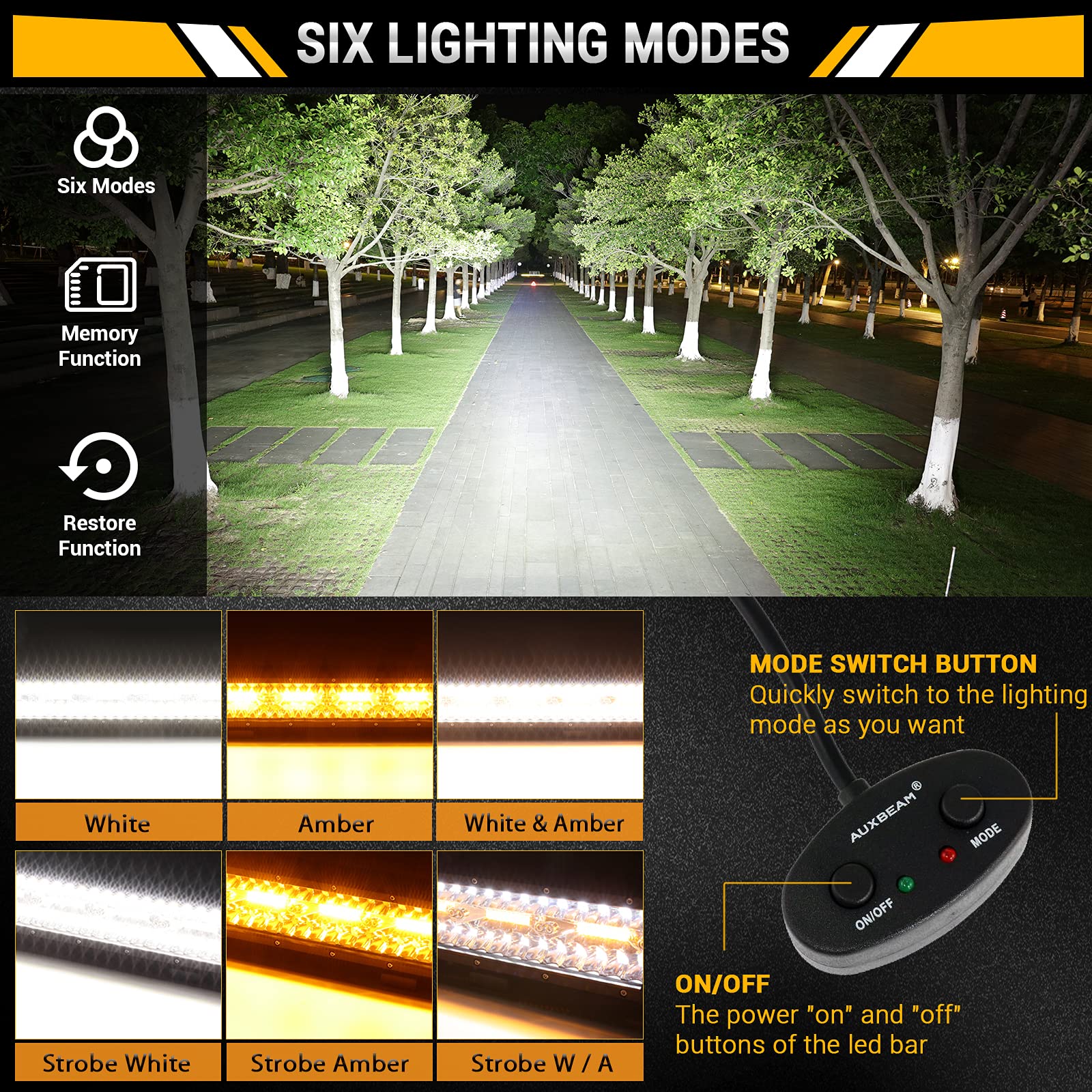 Auxbeam 12 Inch Led Light Bar 300W 6 Modes Amber White Strobe Light, Off-Road Driving Light Spot Flood Combo Work Light With 16A