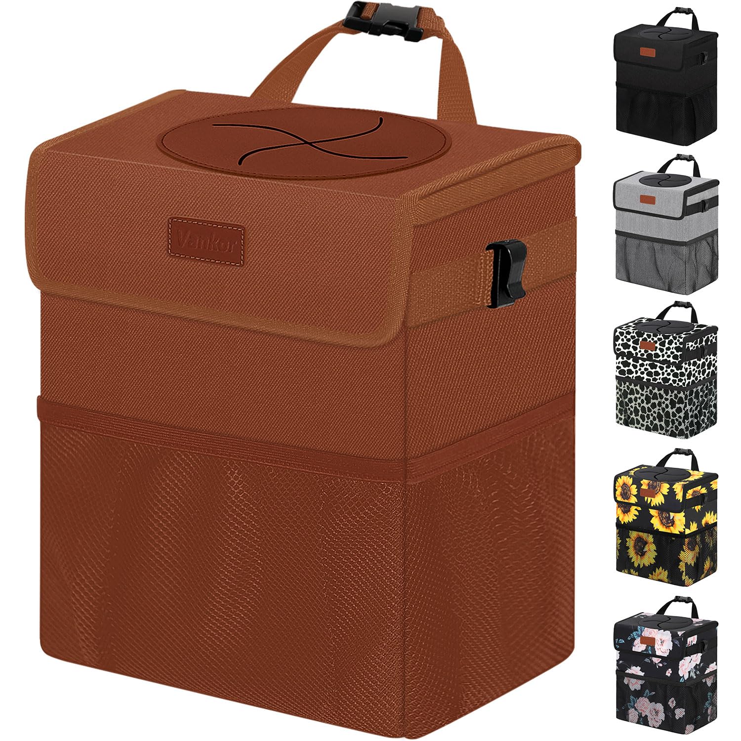 Vankor Car Trash Can, Brown, 2.2 Gallons Capacity, Waterproof, Polyester Material, Adjustable Strap, Hanging Design, Leakproof L