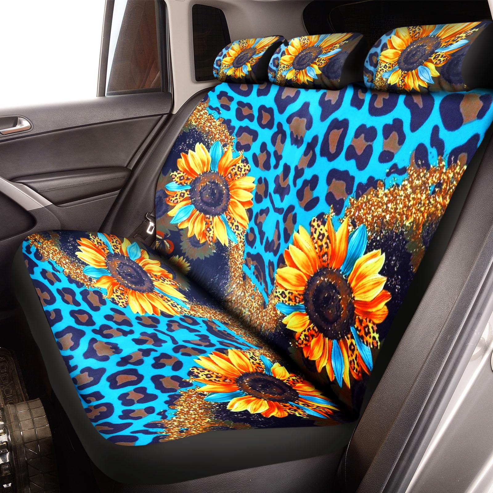 Frienda 13 Pcs Leopard Print Car Seat Cover Full Set for Women Men Print Car Accessories Rubber Steering Wheel Armrest Pad Cover